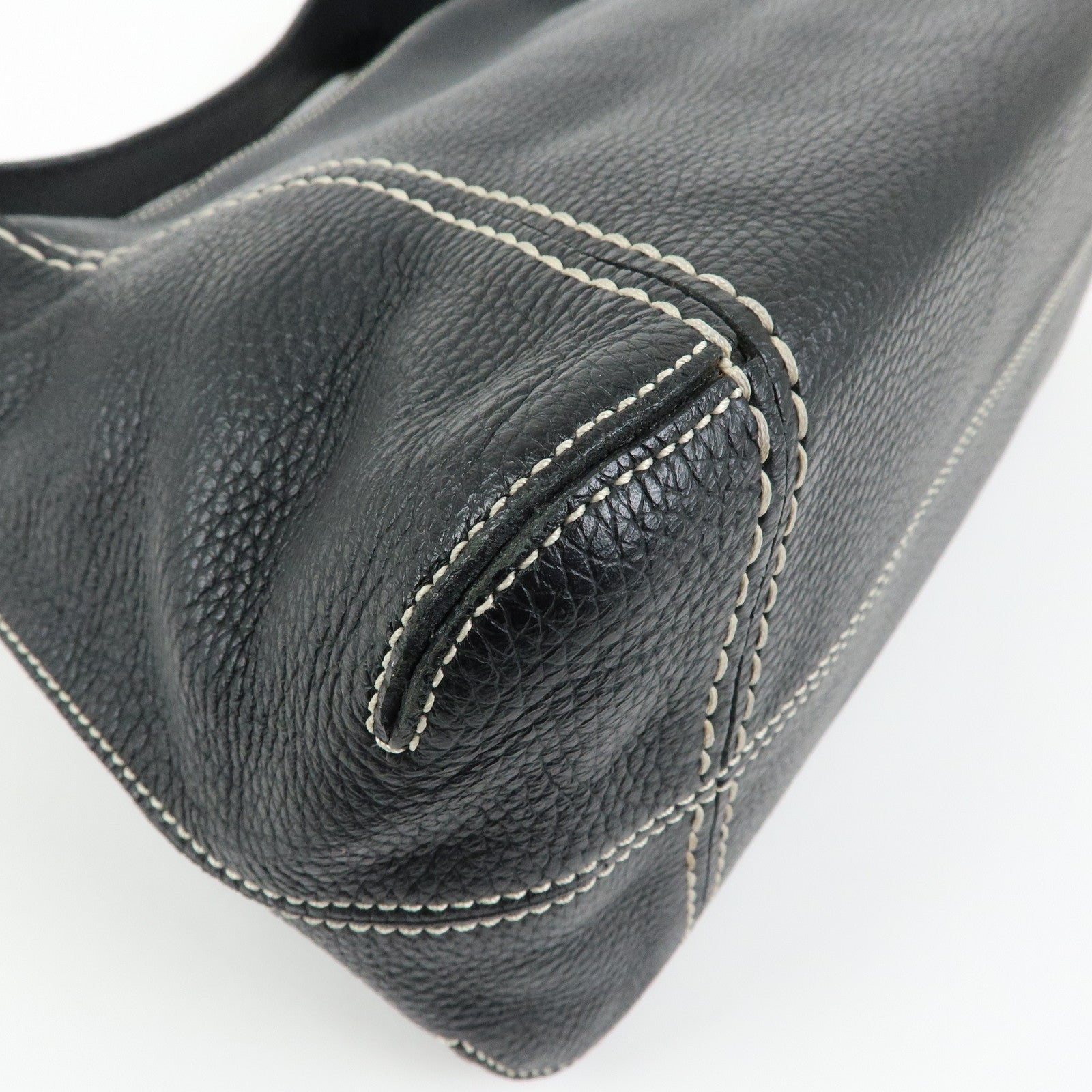 TOD'S Logo Stitches Leather Shoulder Bag Hand Bag Black