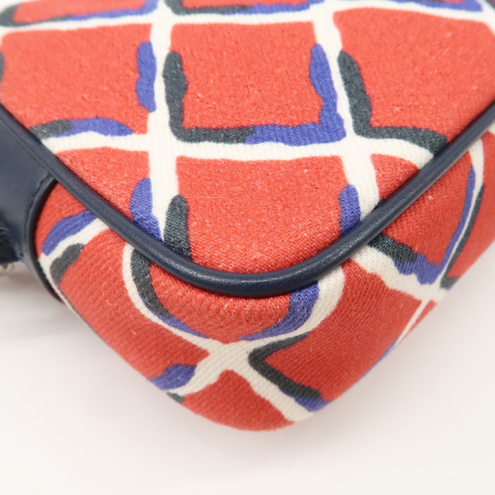 CHANEL COCO Mark COCO Beach Canvas Pouch Red Navy Silver HDW Used