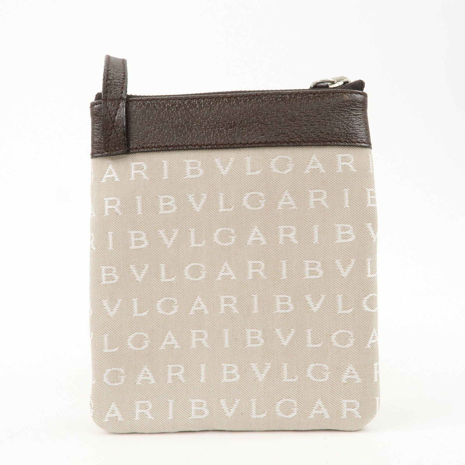 BVLGARI Logo Mania Canvas Leather Shoulder Bag Beige Dark Brown