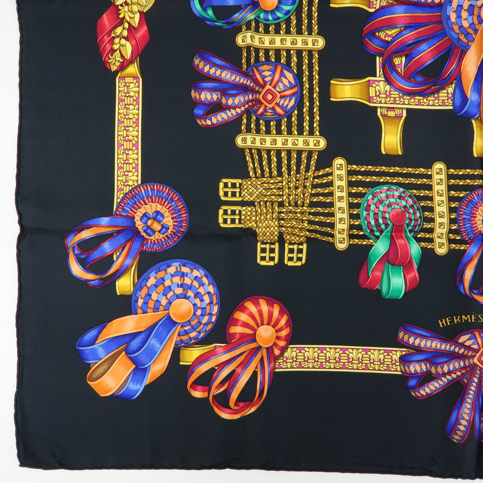 HERMES Carre 90 Silk 100% LES RUBANS DU CHEVAL Scarf Black