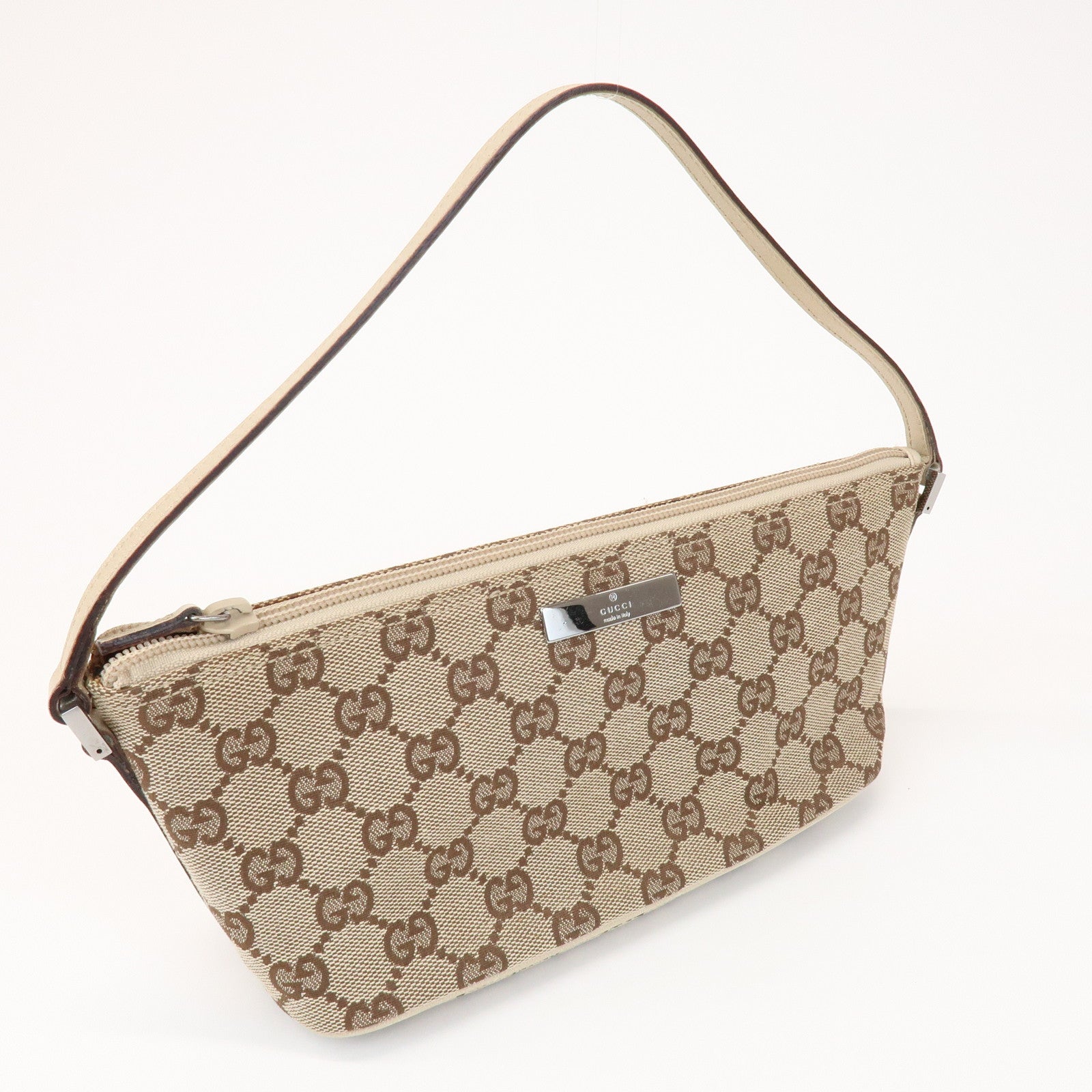 GUCCI Boat Bag GG Canvas Leather Pouch Hand Bag Beige Brown 07198