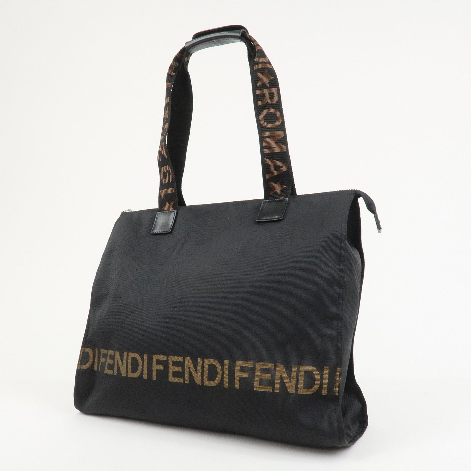 FENDI Nylon Leather Tote Bag Boston Bag Black 26680
