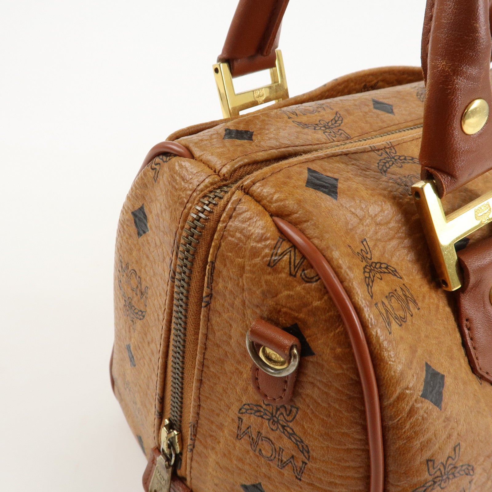 MCM Visetos Leather Boston Bag Hand Bag Brown Gold Hardware Used