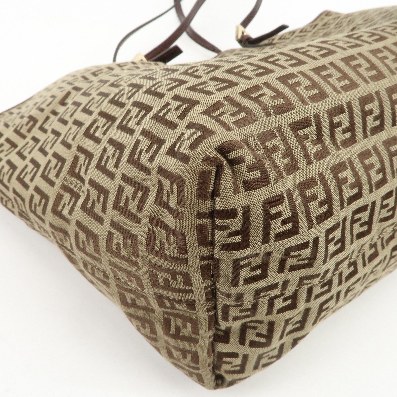 FENDI Zucchino Canvas Leather Tote Shoulder Bag Beige Brown 8BH127