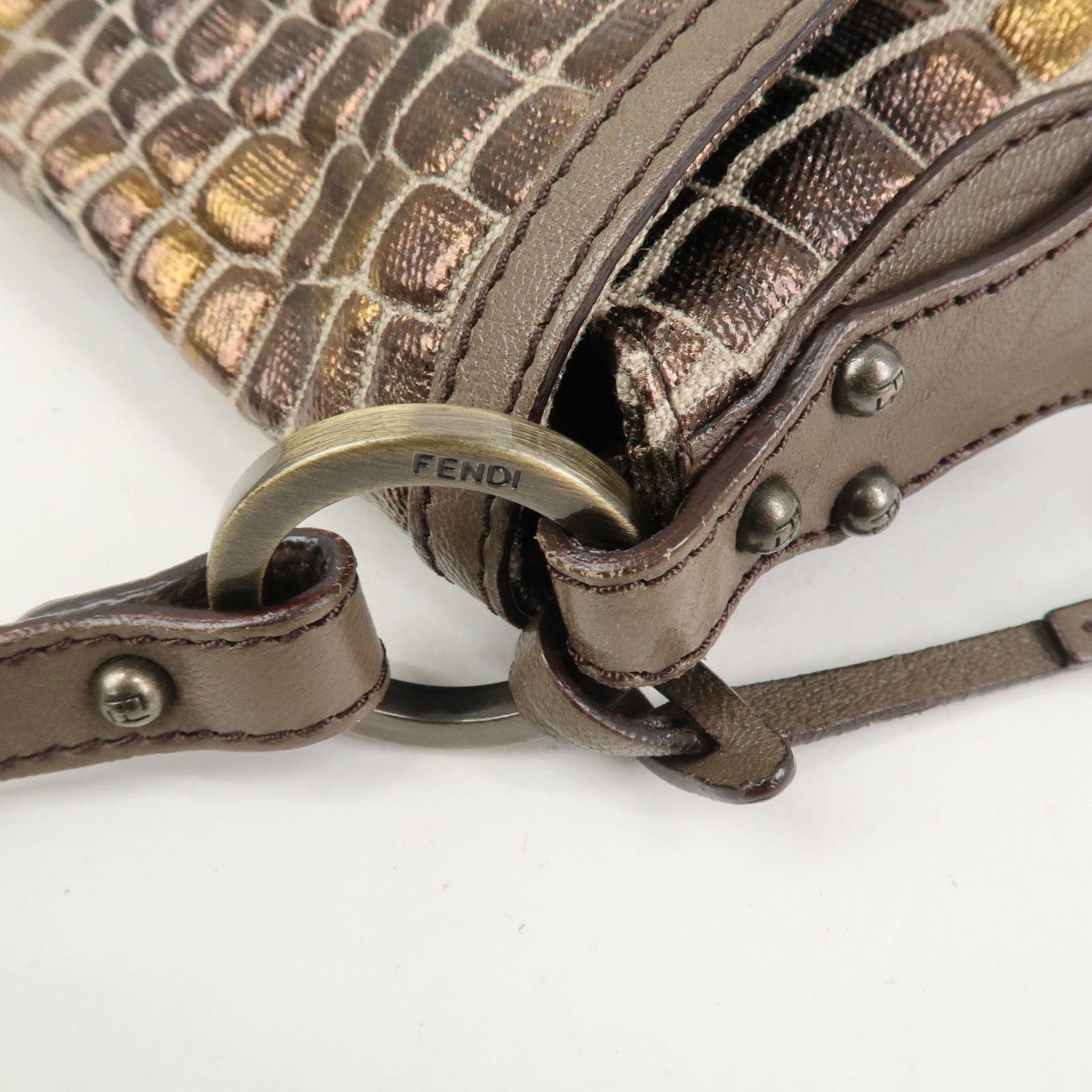 FENDI Canvas Leather Shoulder Bag Hand Bag Metallic Brown 8BR445
