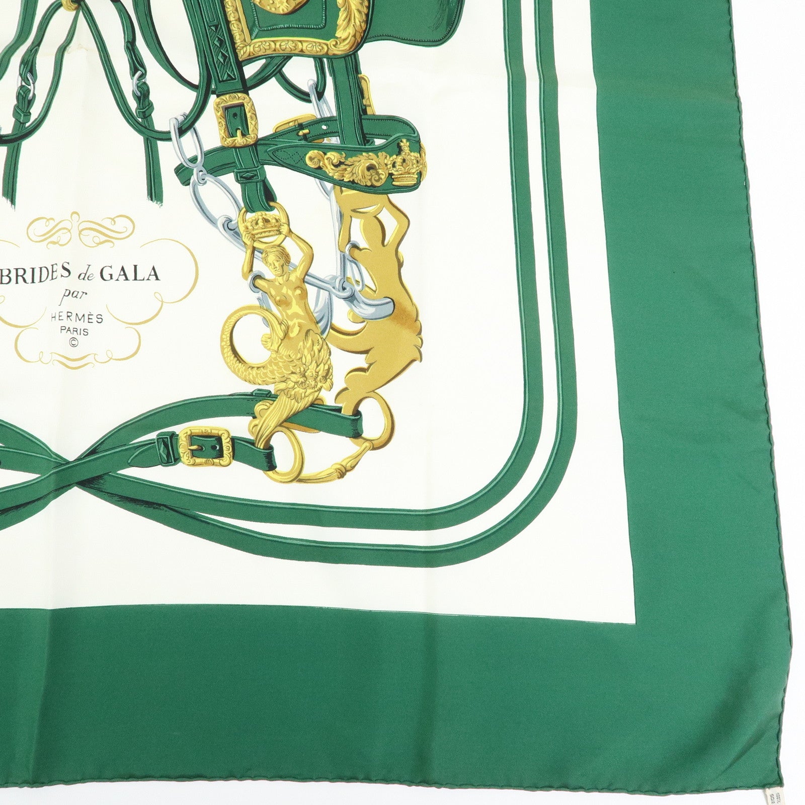 HERMES Carre 90 Silk 100% Scarf BRIDES DE GALA Bridle Green White