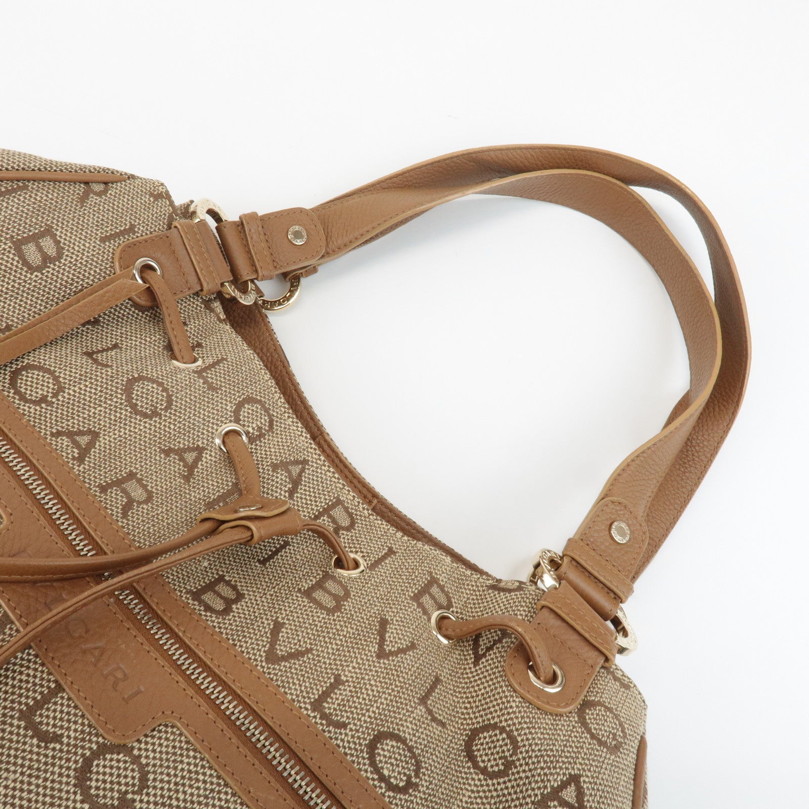 BVLGARI Logo Mania Leather Canvas Tote Bag Shoulder Bag Beige Brown Used