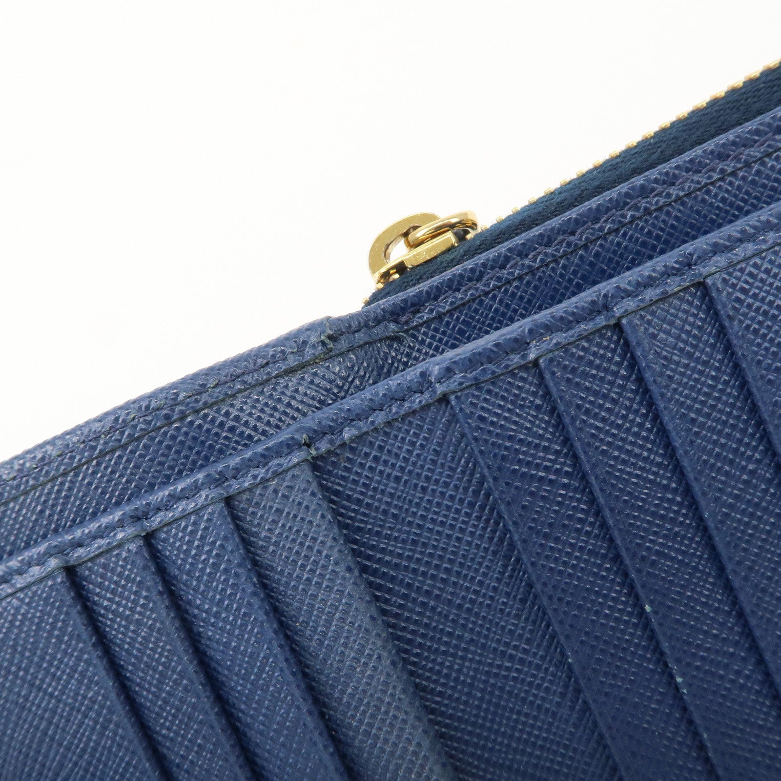 PRADA Logo Leather Round Zippy Bi-fold Wallet Blue 1ML522 Used