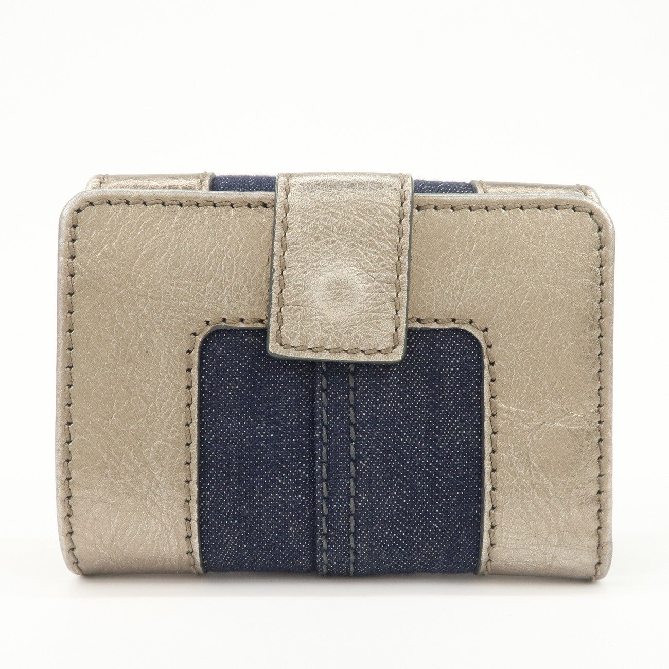 Chloe Harlee Leather Denim Bi-Fold Compact Wallet Silver Blue