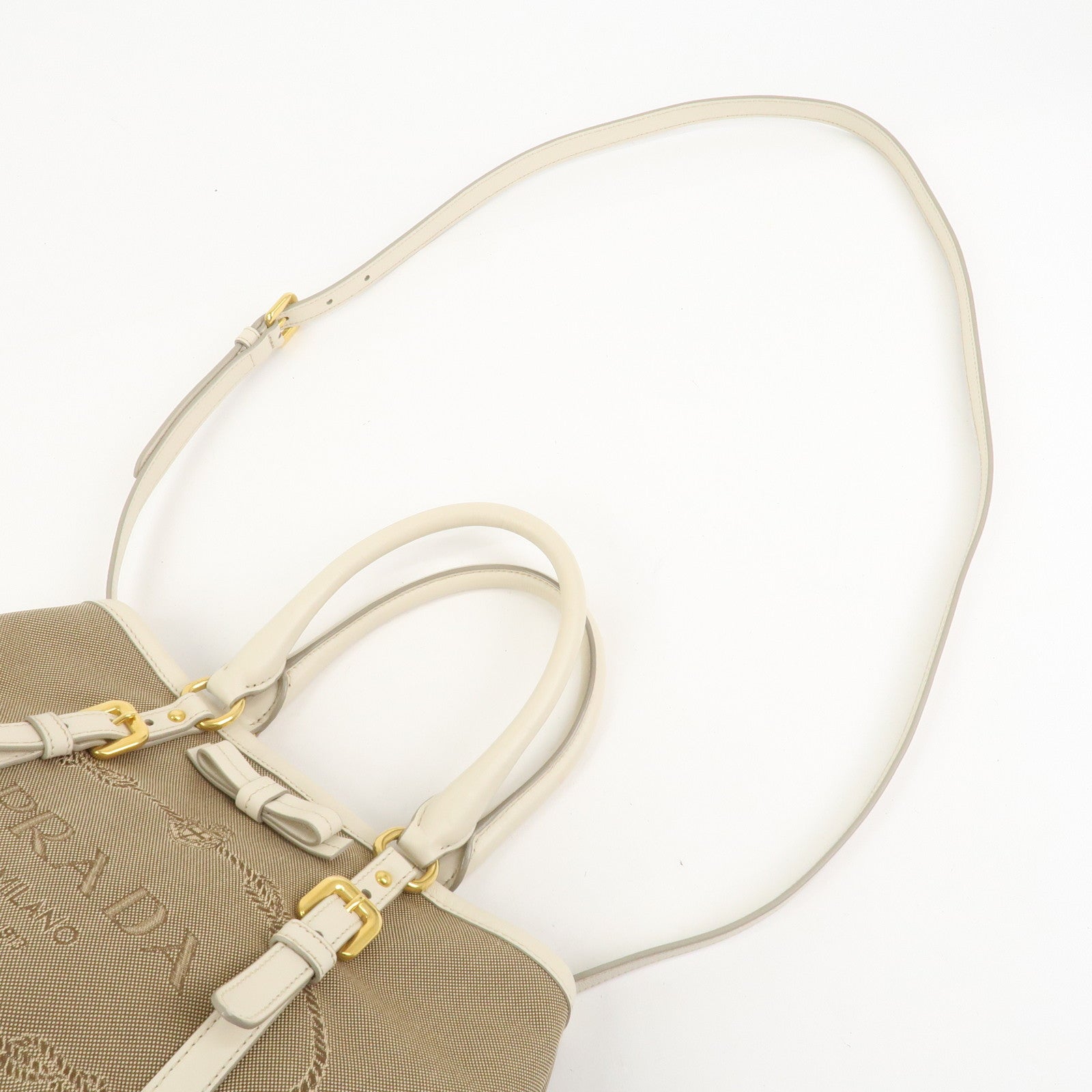 PRADA Logo Jaquard Leather 2Way Hand Bag Shoulder Bag Beige White