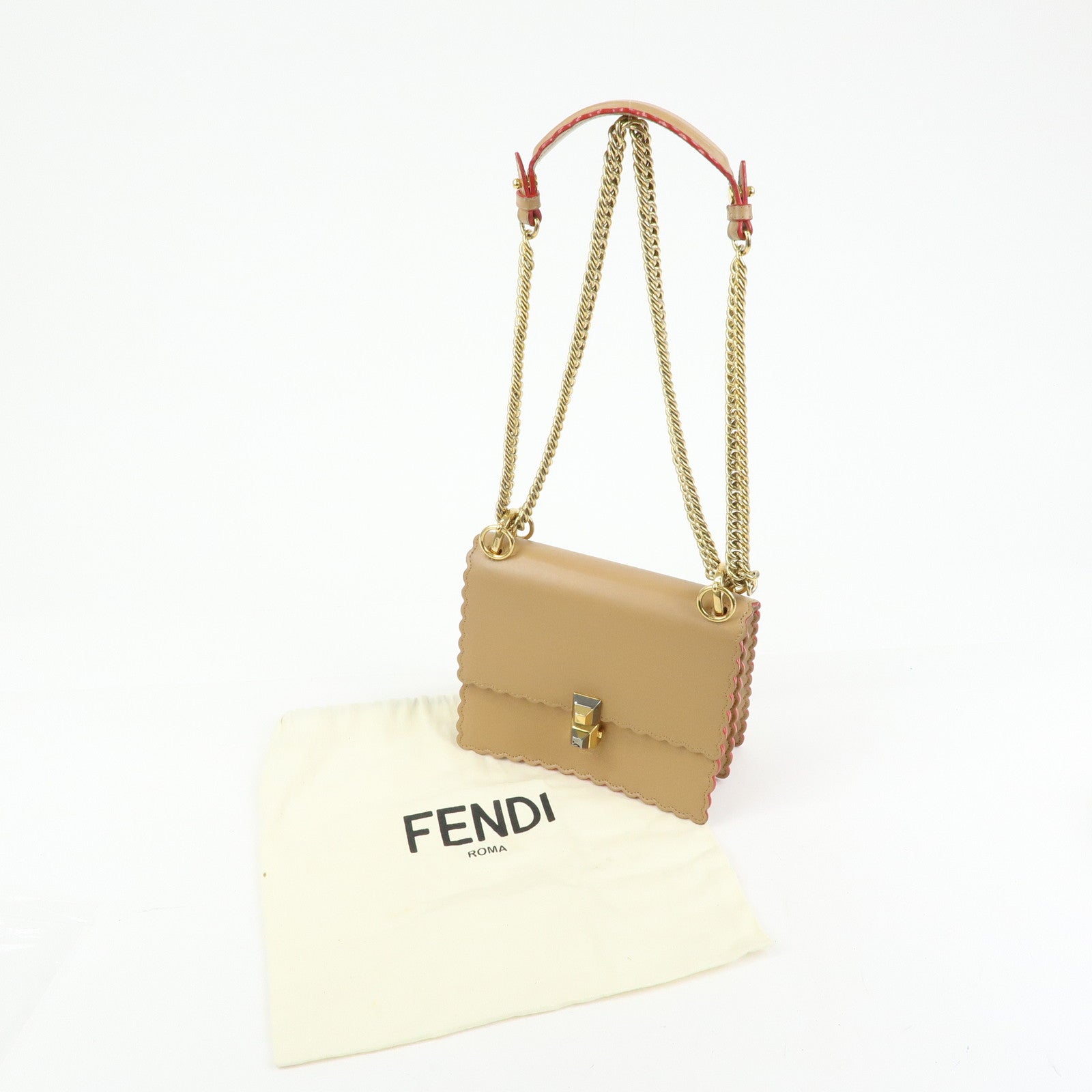 FENDI Mini Kan I Leather Chain Shoulder Crossbody Bag Beige 8M0381