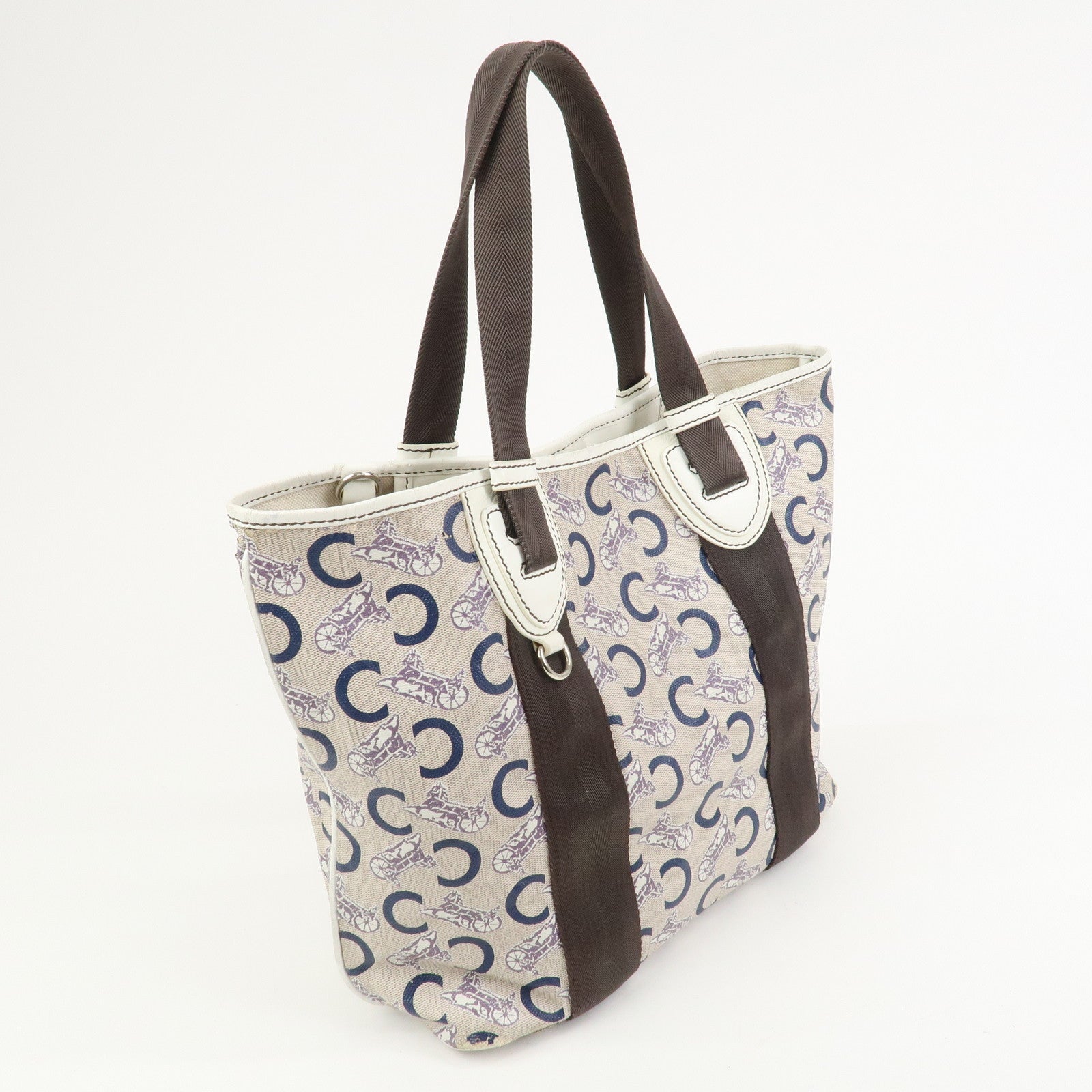 CELINE C Macadam PVC Canvas Leather Tote Bag Hand Bag Ivory Black