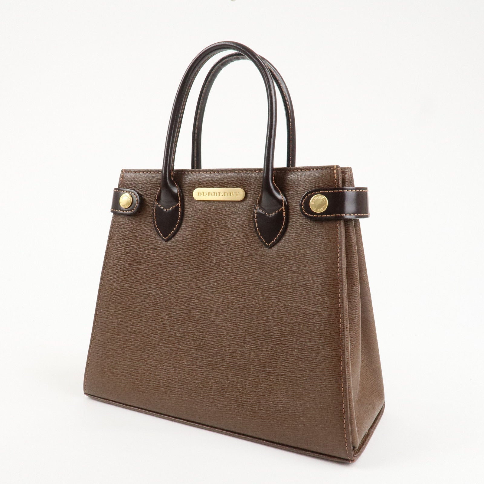 BURBERRY Leather Hand Bag Tote Bag Brown Gold Hardware Used