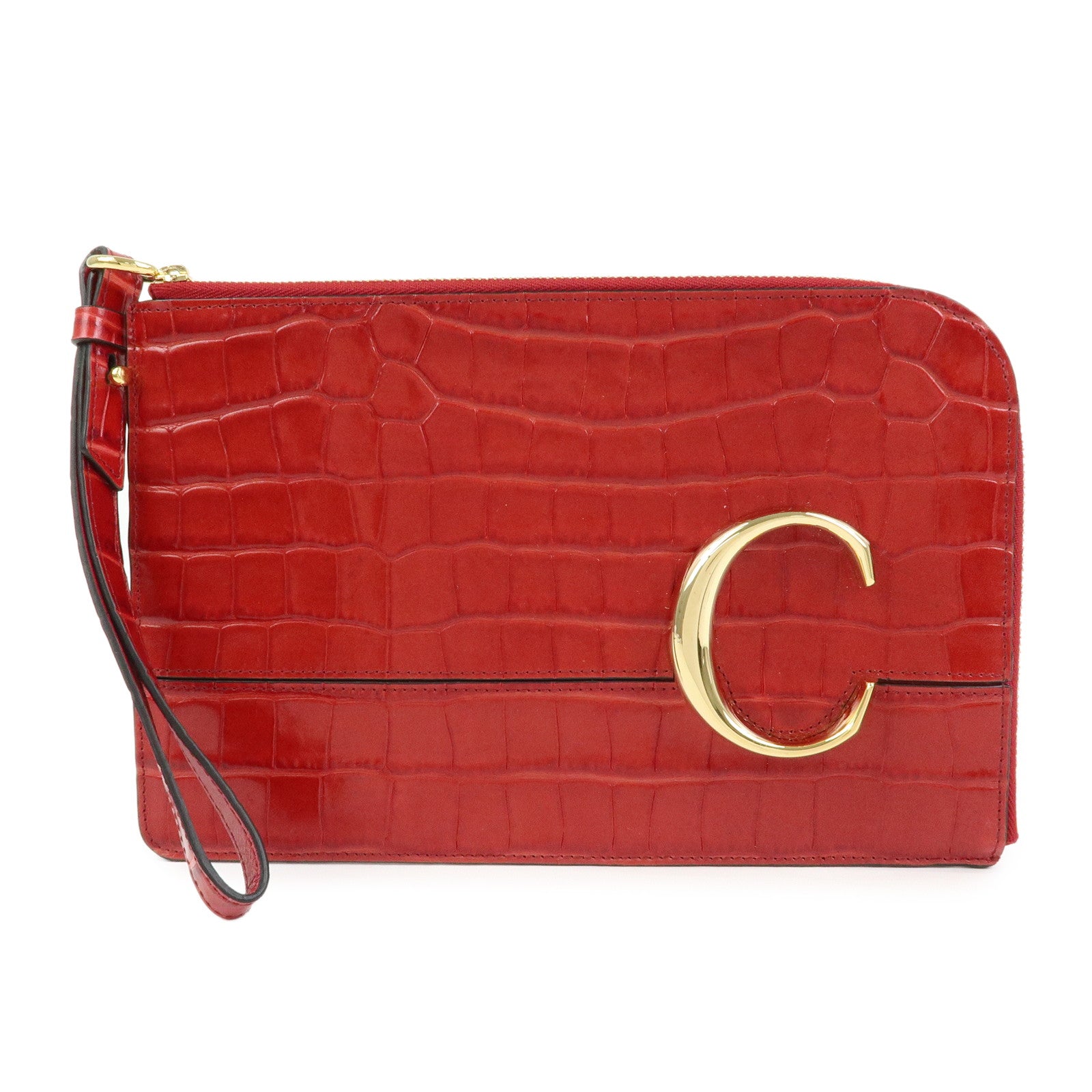 Chloe See By Chloe Embossed Leather Clutch Bag Flat Pouch Red