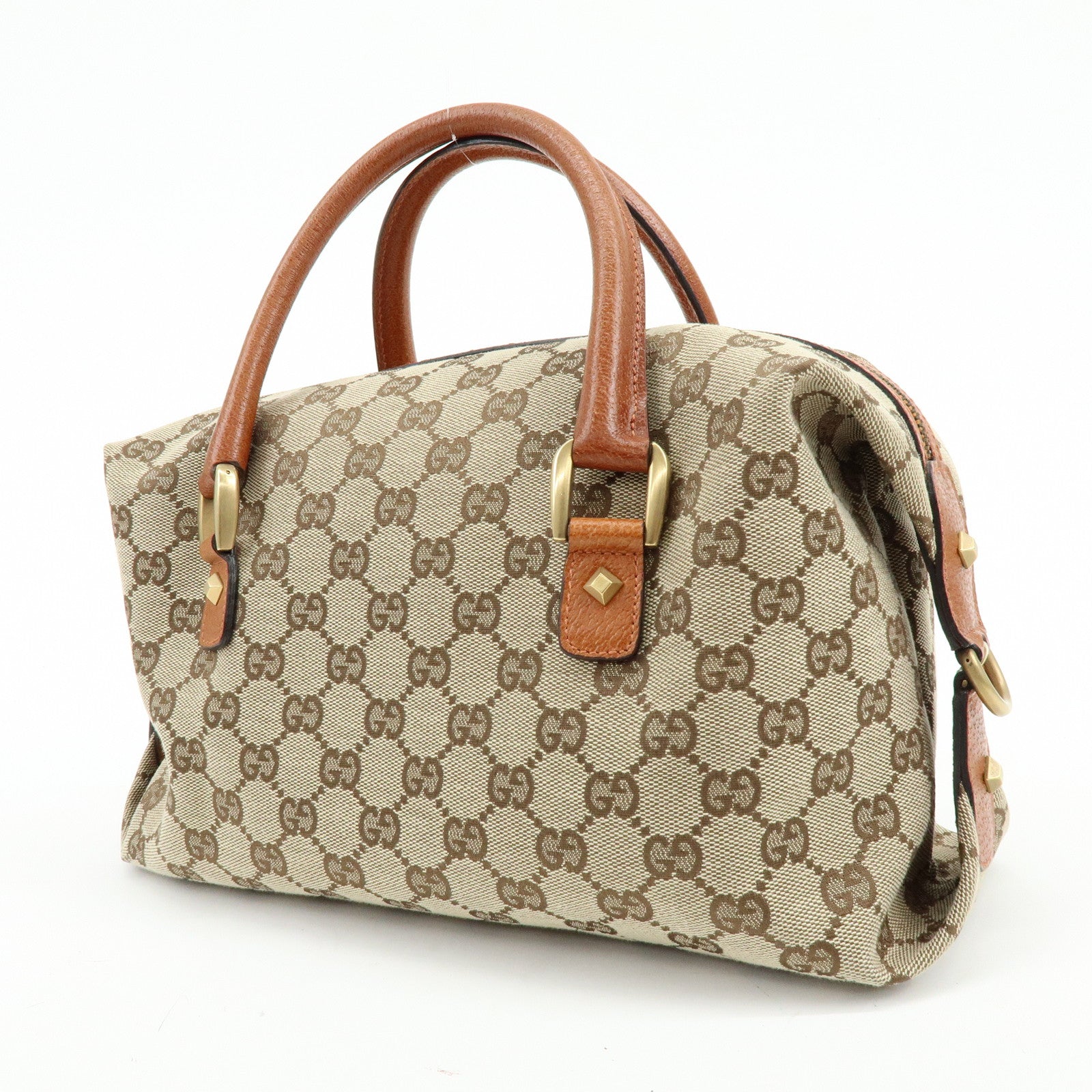 GUCCI GG Canvas Leather Hand Bag Boston Bag Beige Brown 120886