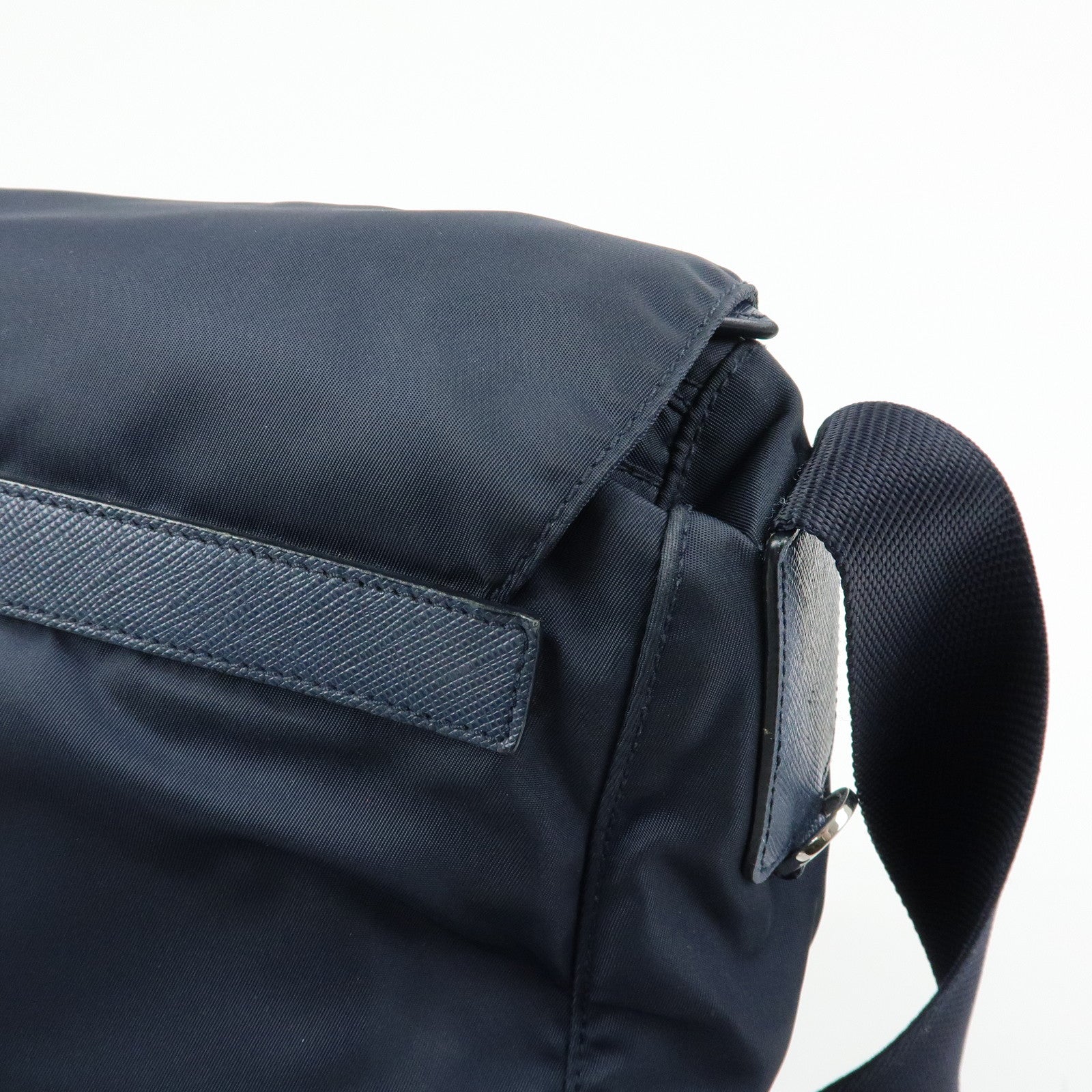 PRADA Triangle Logo Nylon Saffiano Leather Shoulder Bag Navy