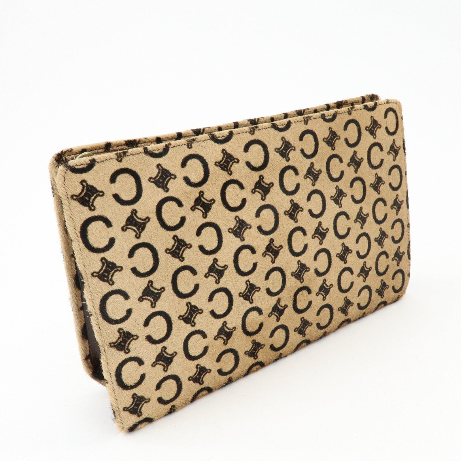 CELINE C Macadam Pony Hair Leather Clutch Bag Pouch Beige Brown