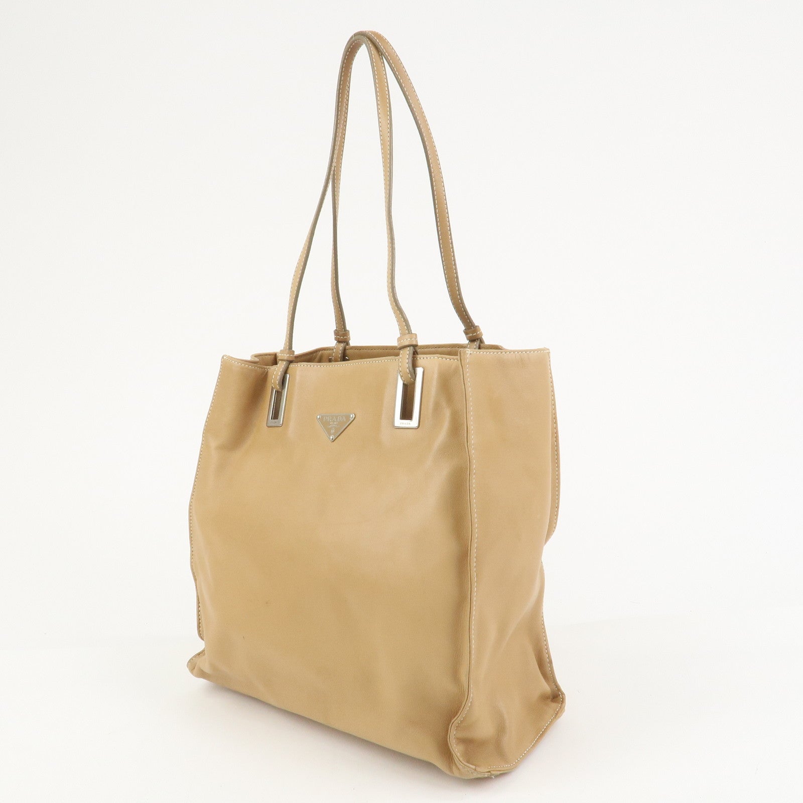 PRADA Triangle Logo Lambskin Tote Bag Shoulder Bag Beige BR1566