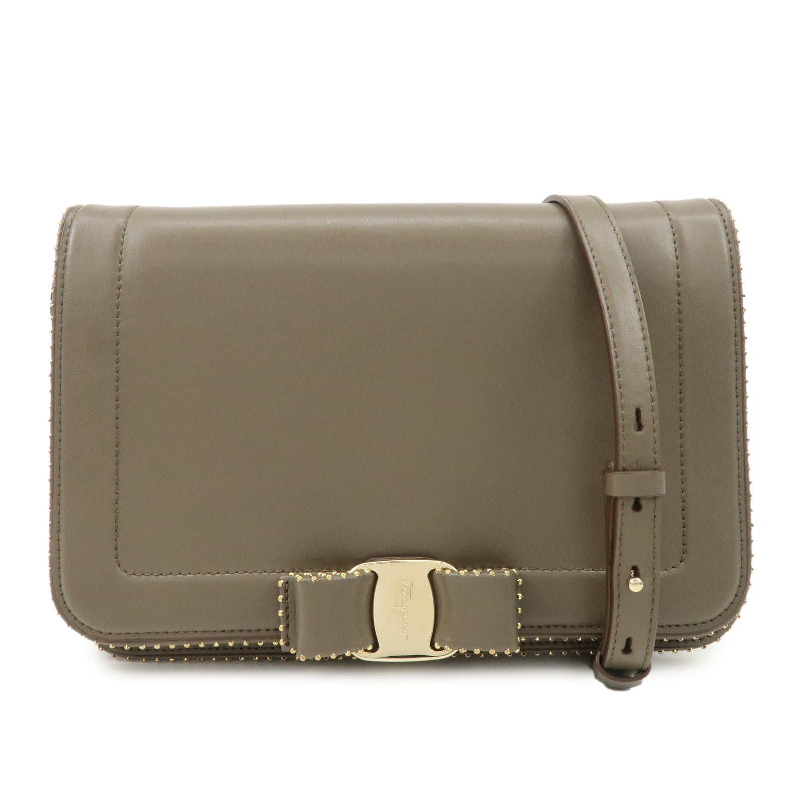 Ferragamo Vara Leather Ribbon Studs Shoulder Bag Greige Used