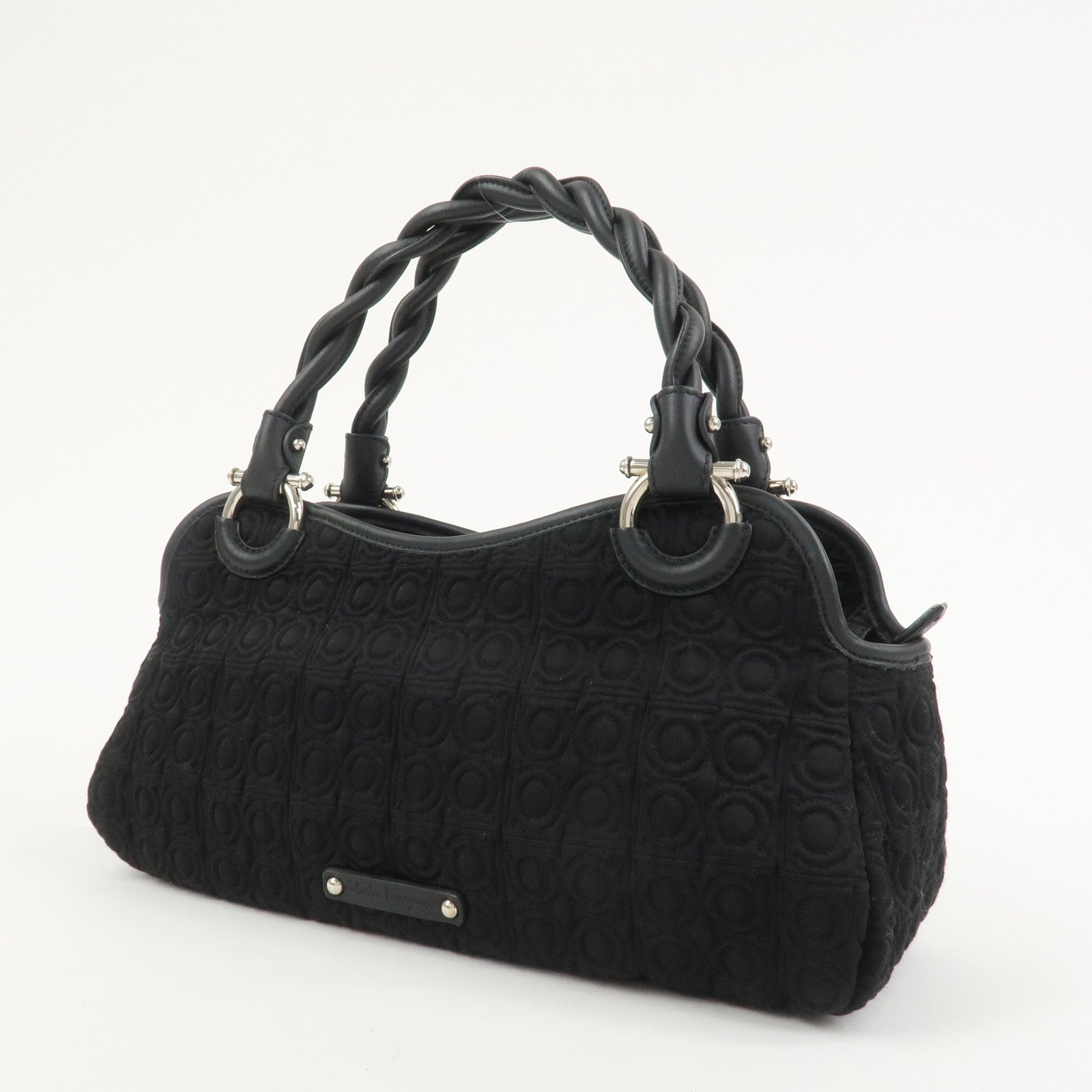 Ferragamo Gancini Canvas Leather Hand Bag Black Silver