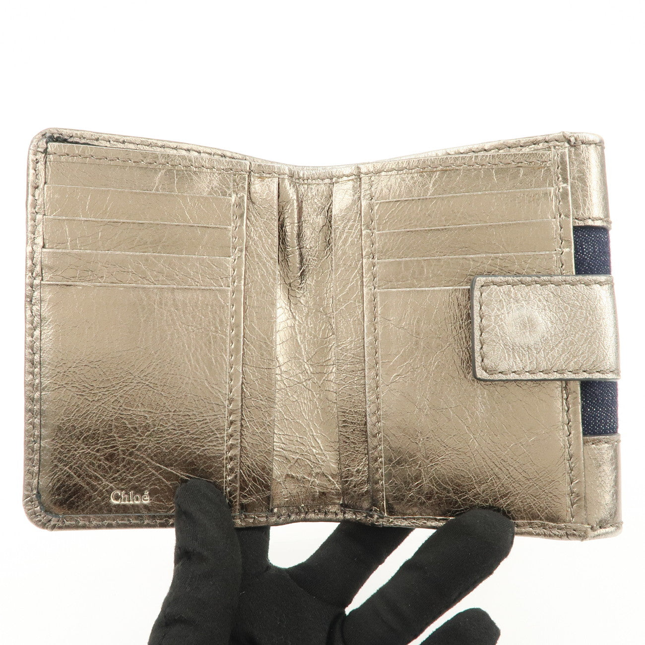 Chloe Harlee Leather Denim Bi-Fold Compact Wallet Silver Blue