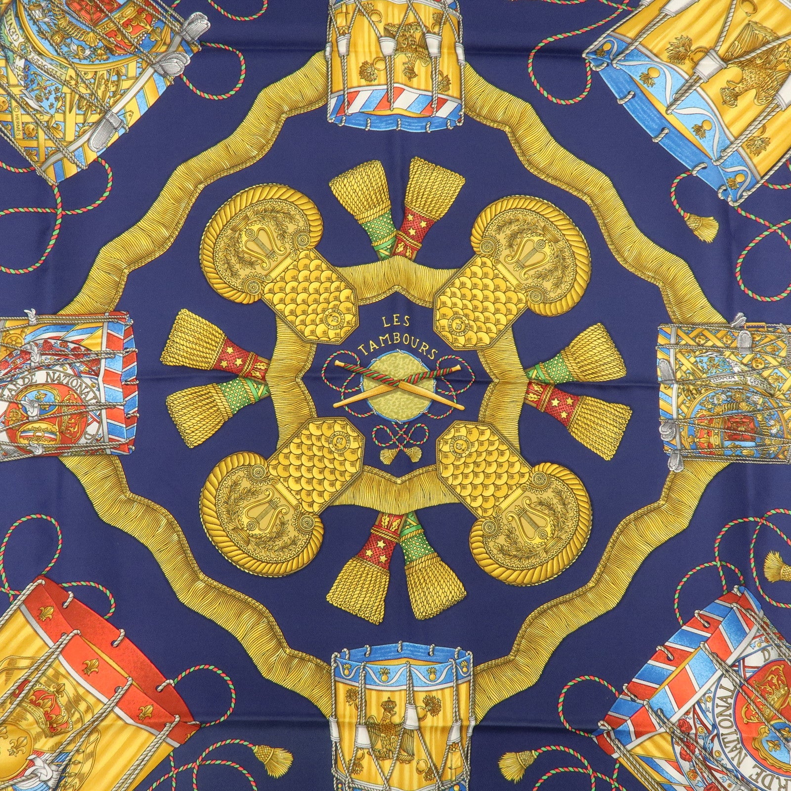 HERMES Carre 90 Silk 100% Scarf LES TAMBOURS Navy Gold