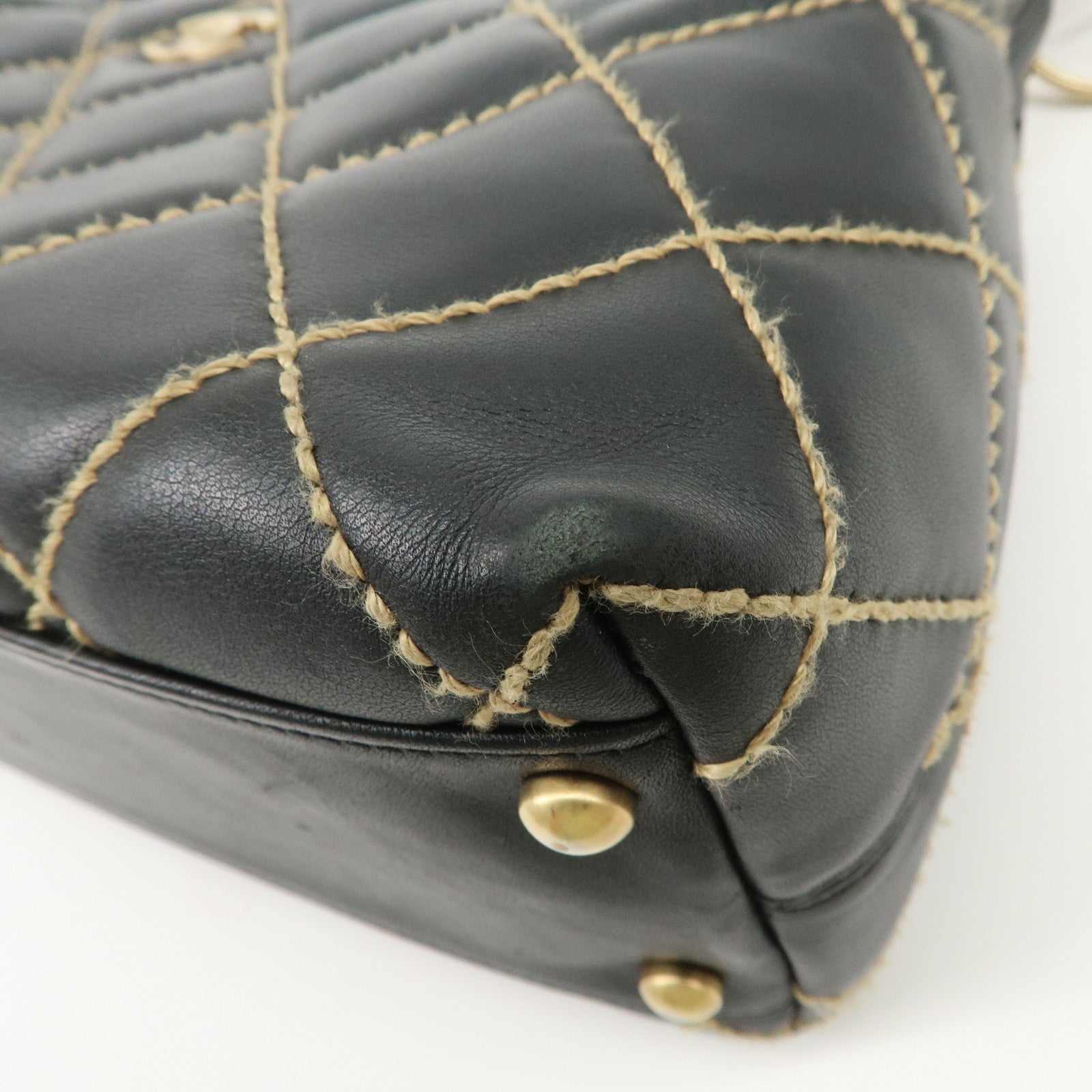 CHANEL COCO Mark Wild Stich Lamb Skin Chain Shoulder Bag Black Used