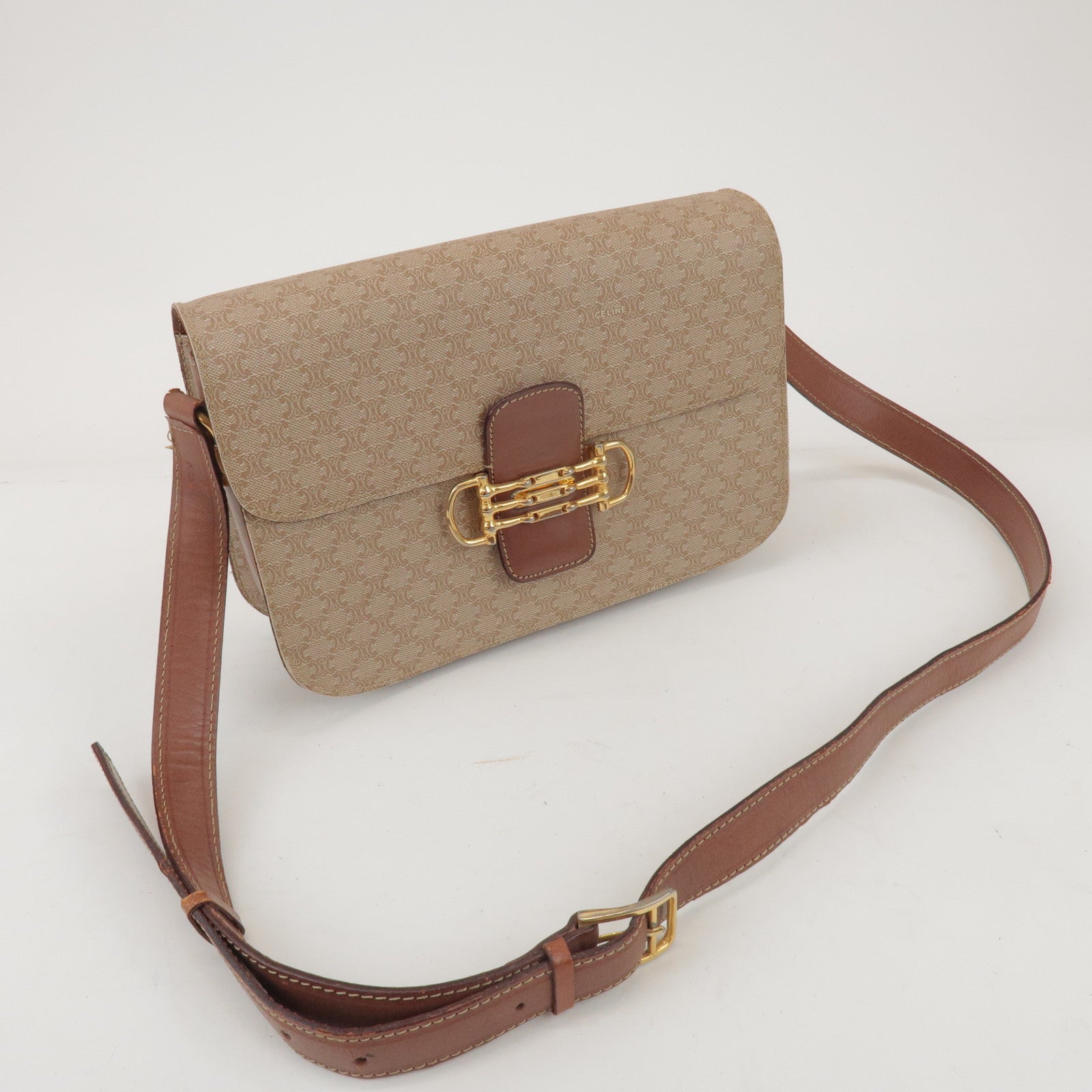 CELINE Macadam PVC Leather Shoulder Bag Beige Brown