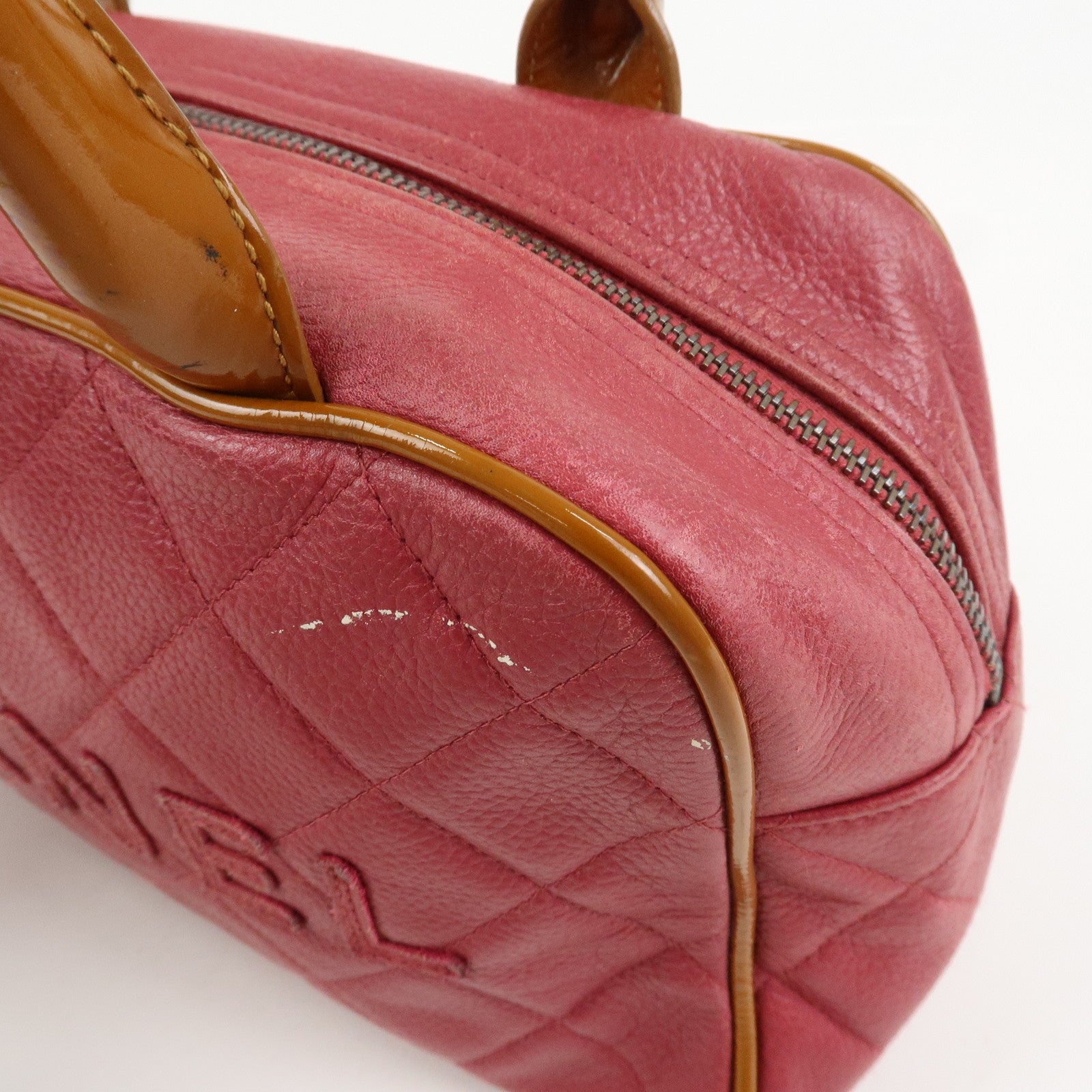 CHANEL Matelasse Leather Patent Leather Mini Boston Bag Pink Brown