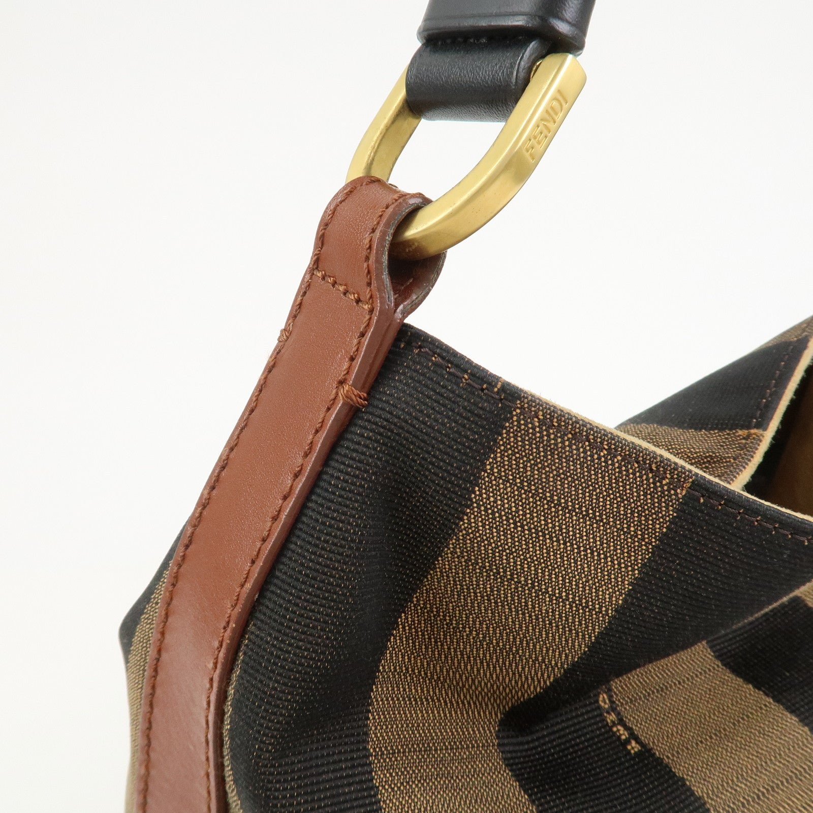 FENDI Pequin Canvas Leather Shoulder Bag Hand Bag Brown 8BR653