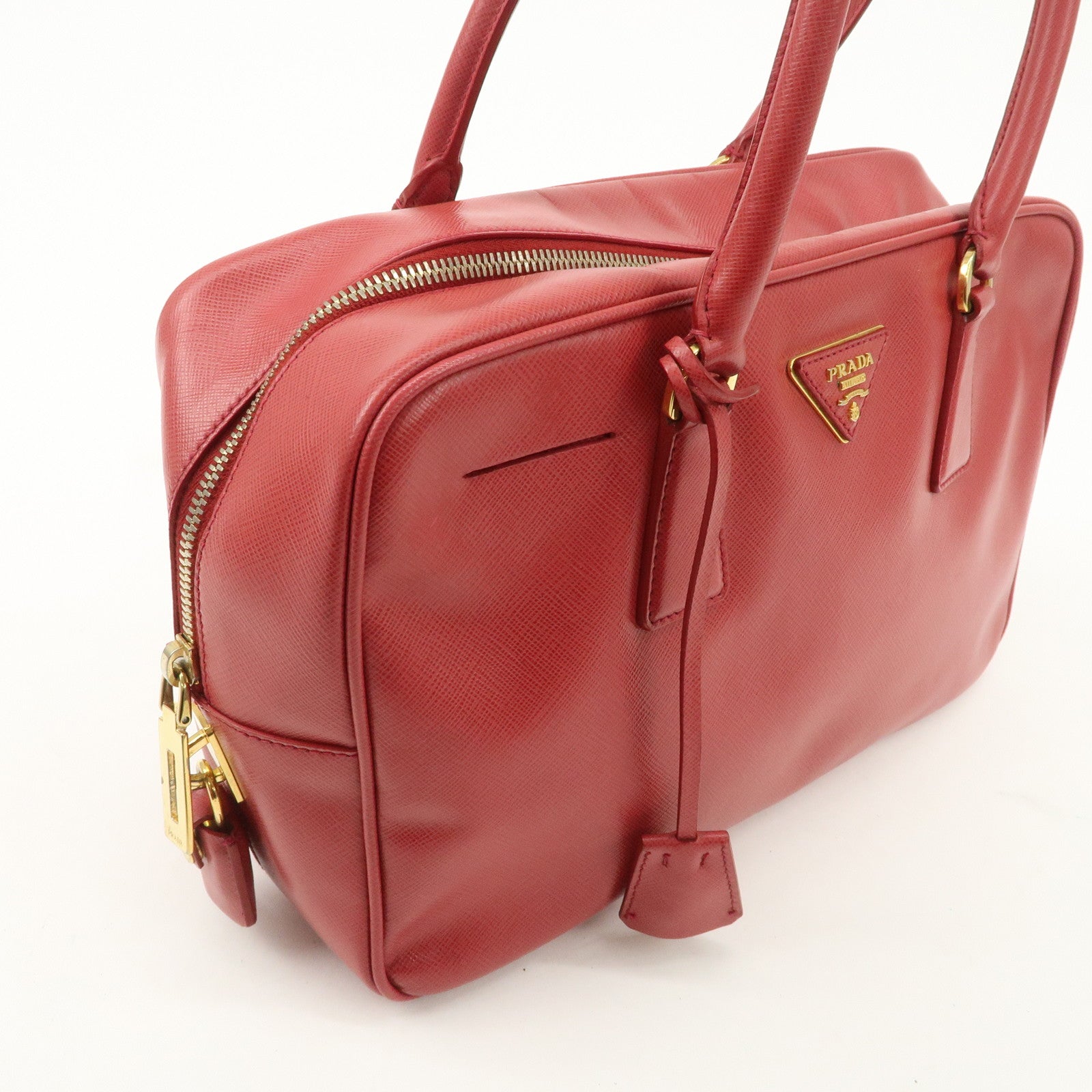 PRADA Triangle Logo Saffiano Leather Boston Bag Hand Bag Red BL0095 Used