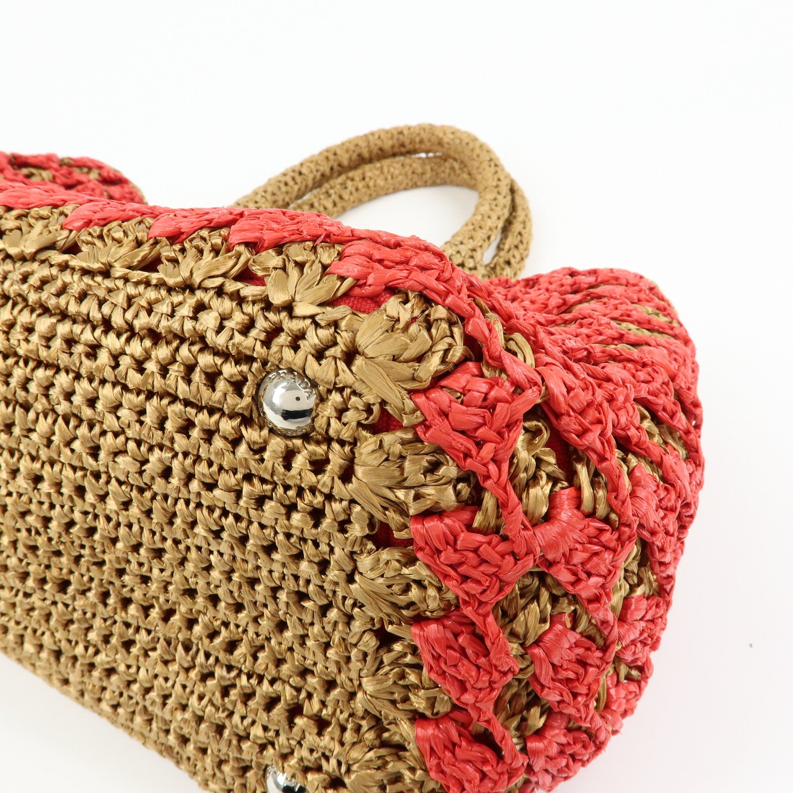 PRADA Triangle Logo Raffia 2Way Bag Hand Bag Shoulder Bag Red Brown