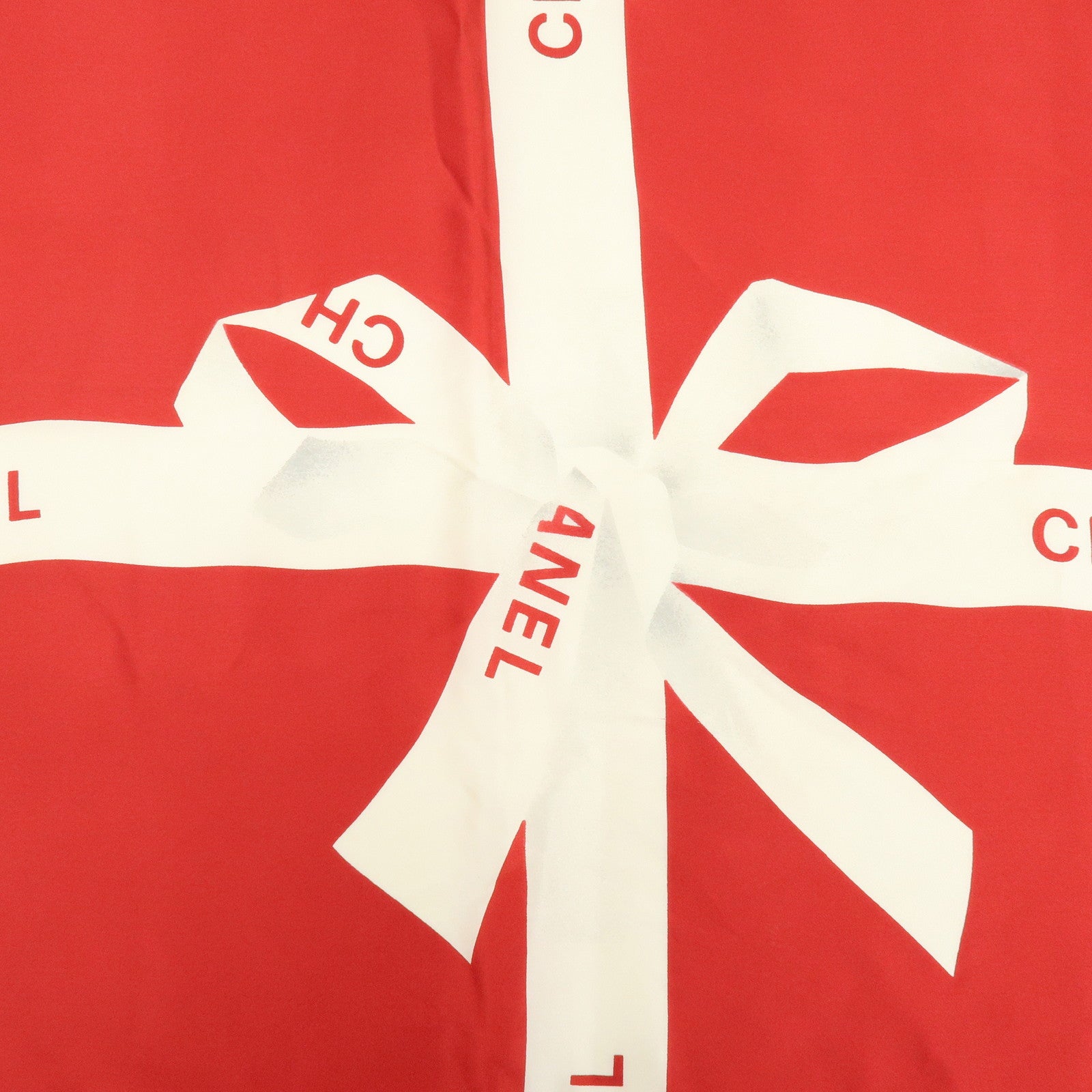 CHANEL Logo Silk 100% Scarf Ribbon Motif Red Ivory Black
