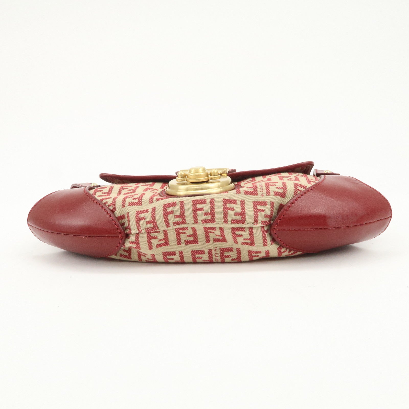 FENDI Zucchino Canvas Leather Turn Lock Shoulder Bag Red 8BR429