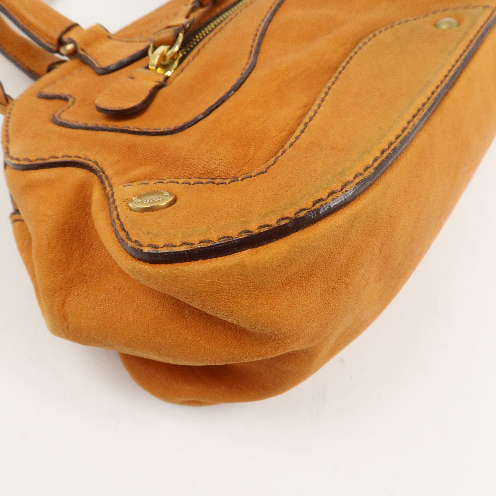 MIUMIU Logo Leather Shoulder Bag Boston Bag Hand Bag Gold HDW Brown Used