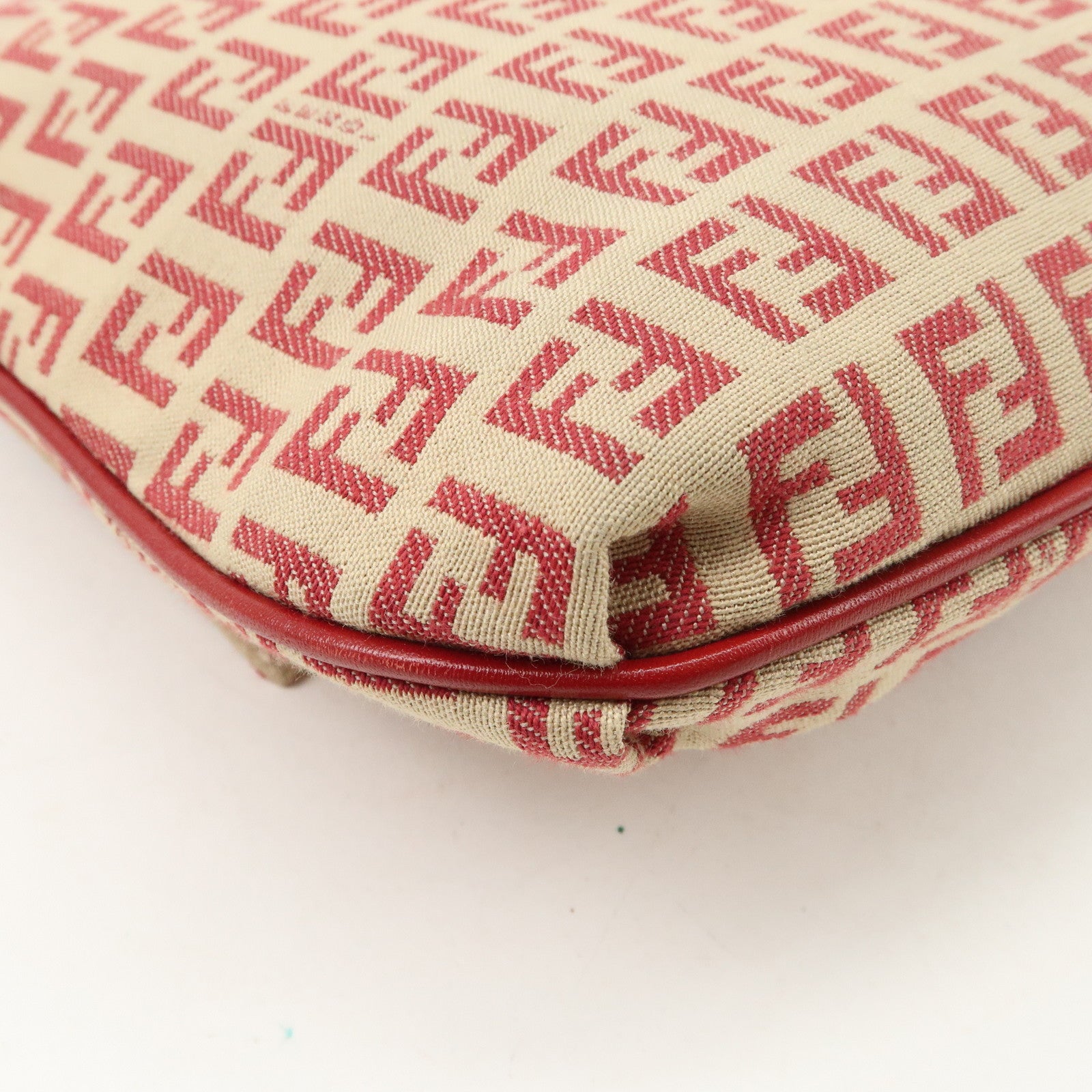 FENDI Zucchino Canvas Leather Shoulder Bag Beige Red 8BT075 Used