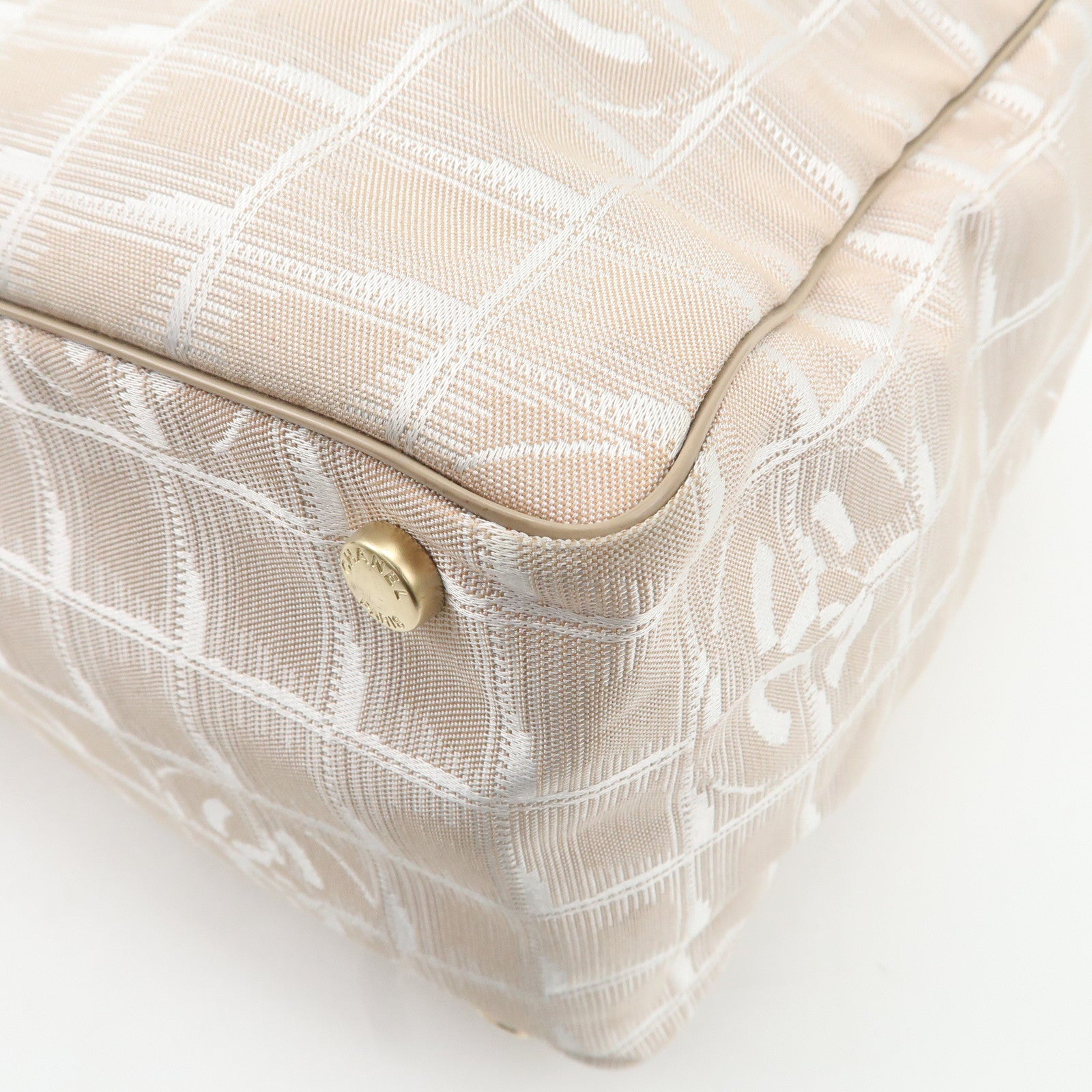 CHANEL New Travel Line Nylon Jacquard Leather Tote Bag Beige A15991 Used
