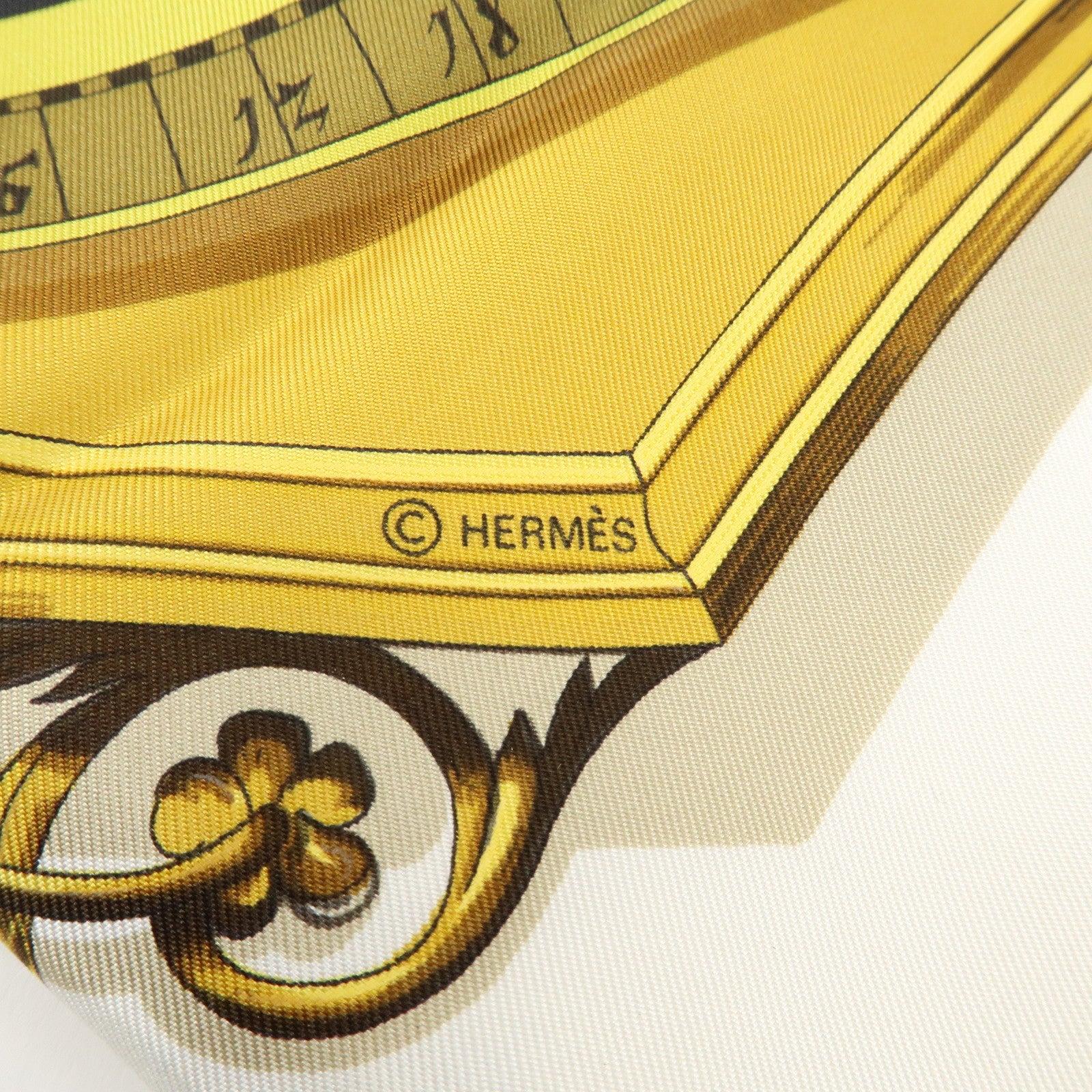 HERMES Carre 90 Silk 100% Scarf DIES ET HORE White Gold Black Used