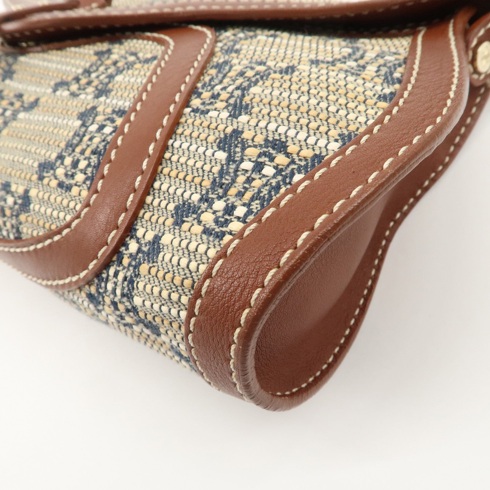 CELINE Macadam Canvas Leather Shoulder Bag Beige Navy Brown Used
