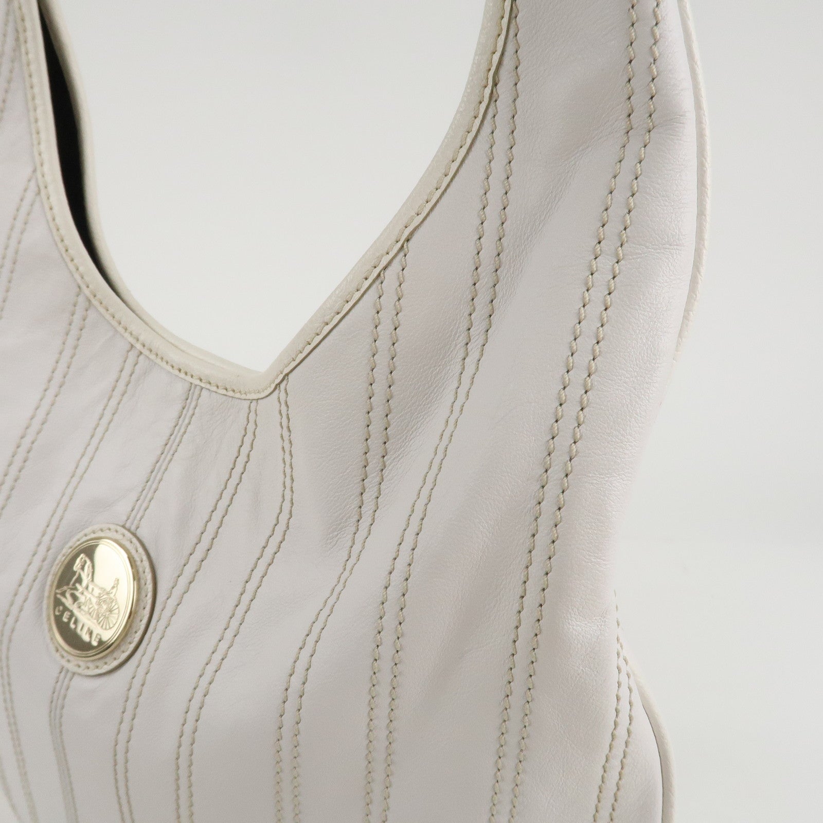 CELINE Leather Shoulder Bag White Gold Hardware Used