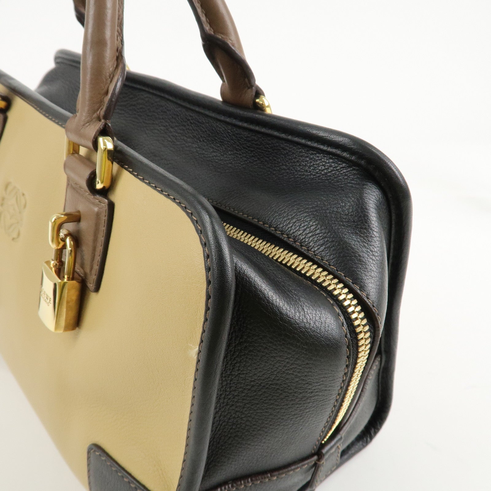 LOEWE Anagram Leather Amasona 28 Hand Bag Beige Black Brown Used