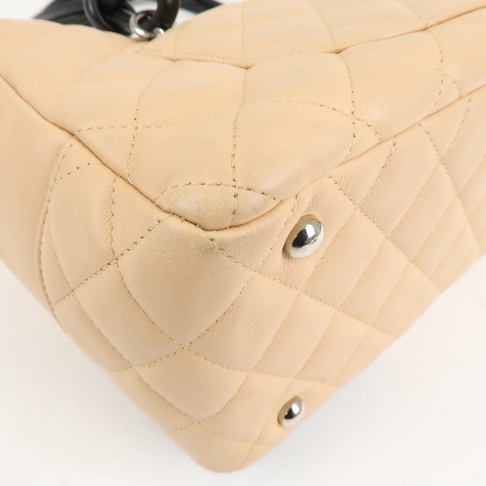 CHANEL Cambon Line Lamb Skin Bowling Bag Hand Bag Beige A25171 Used
