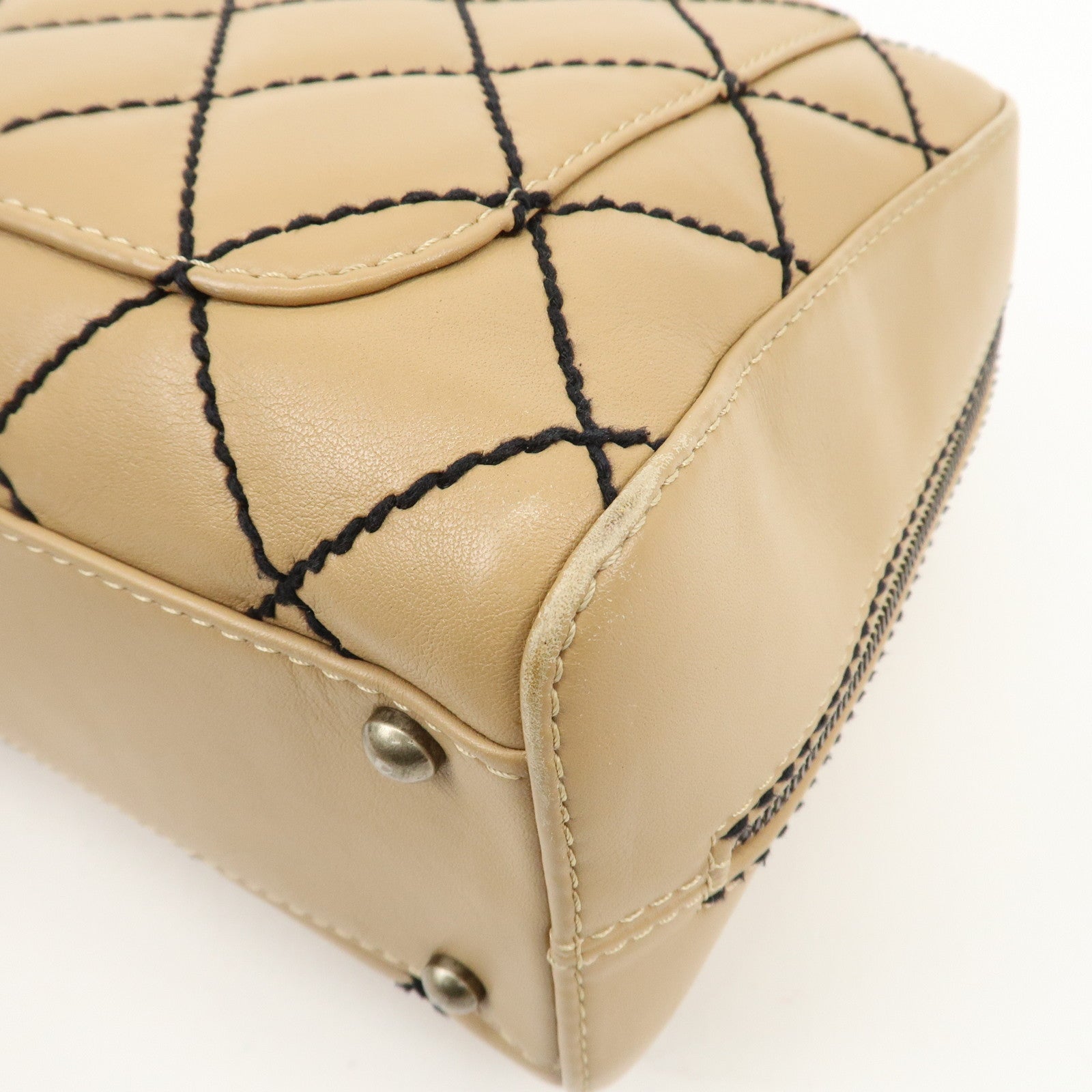 CHANEL Wild Stitch Lamb Skin Coco Mark Hand Bag Beige A14692 Used