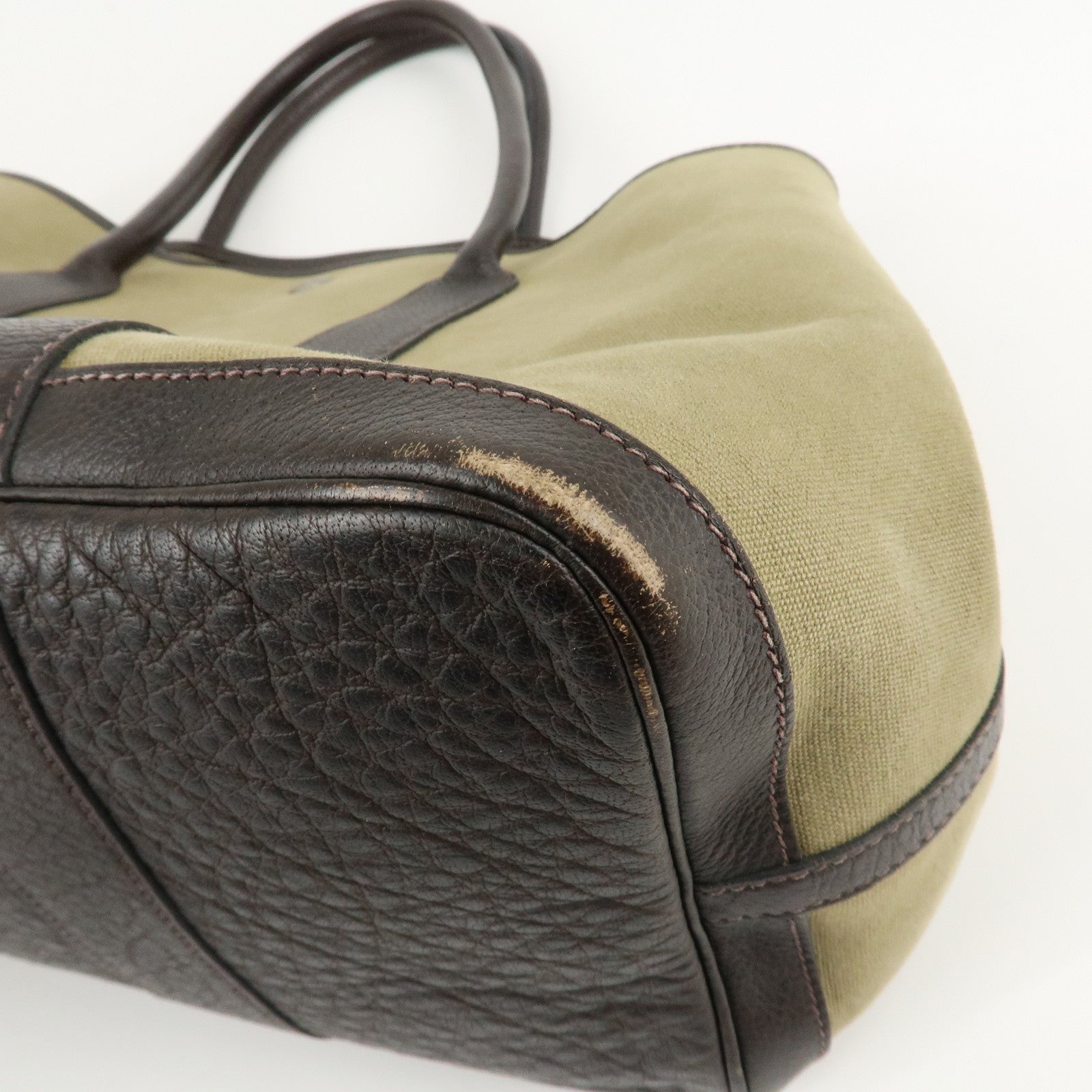 HERMES ToileOfficier Garden Party PM T Stamped Tote Bag Khaki Used