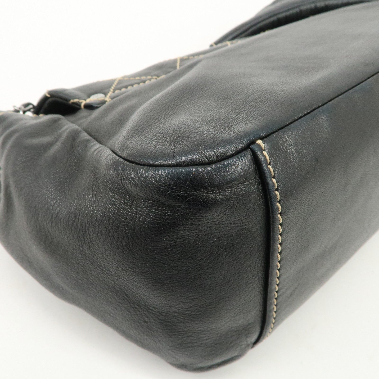 CHANEL COCO Mark Wild Stitch Lamb Skin Chain Shoulder Bag Black Used