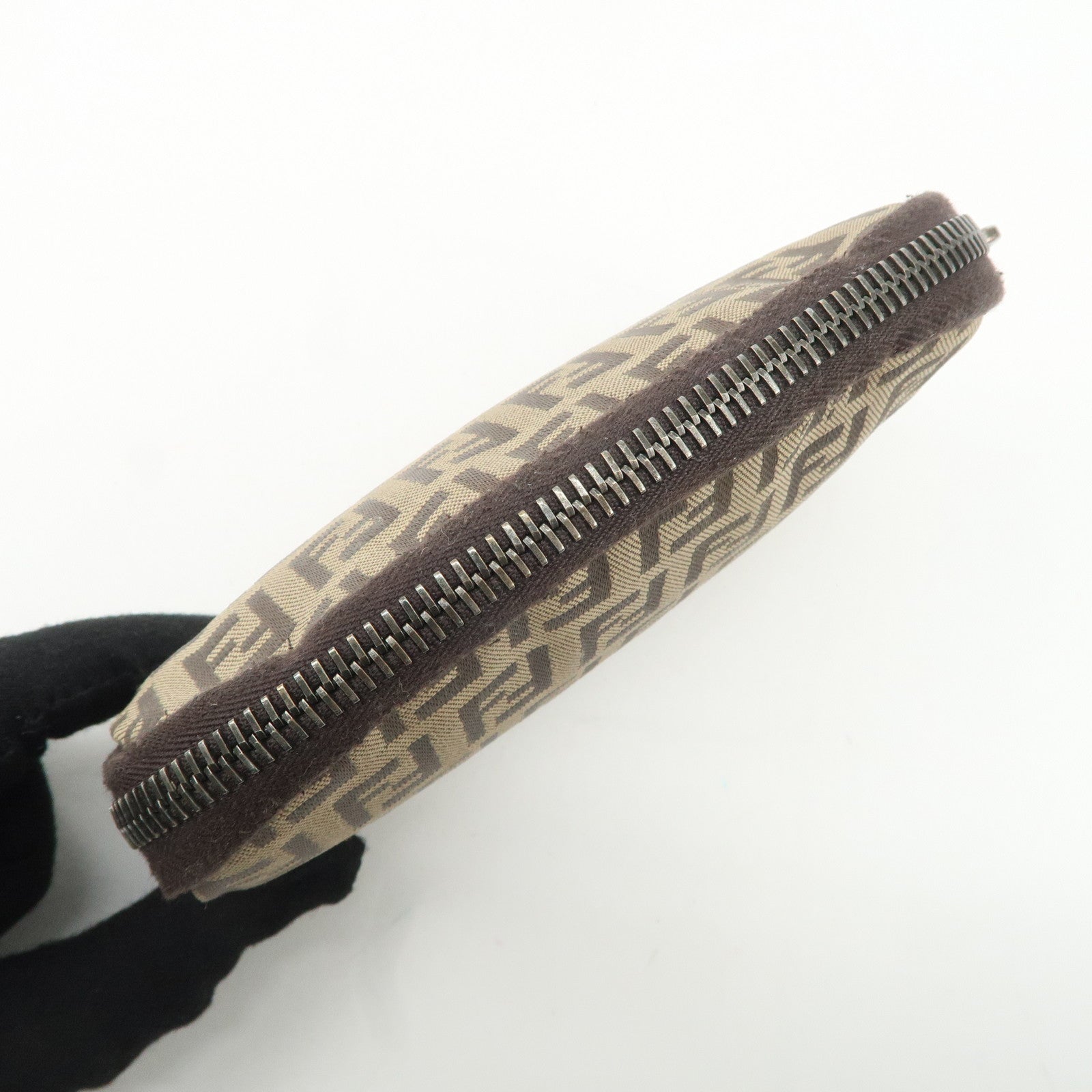 FENDI Zucchino Canvas Mini Pouch Beige Dark Brown 7N0003 Used