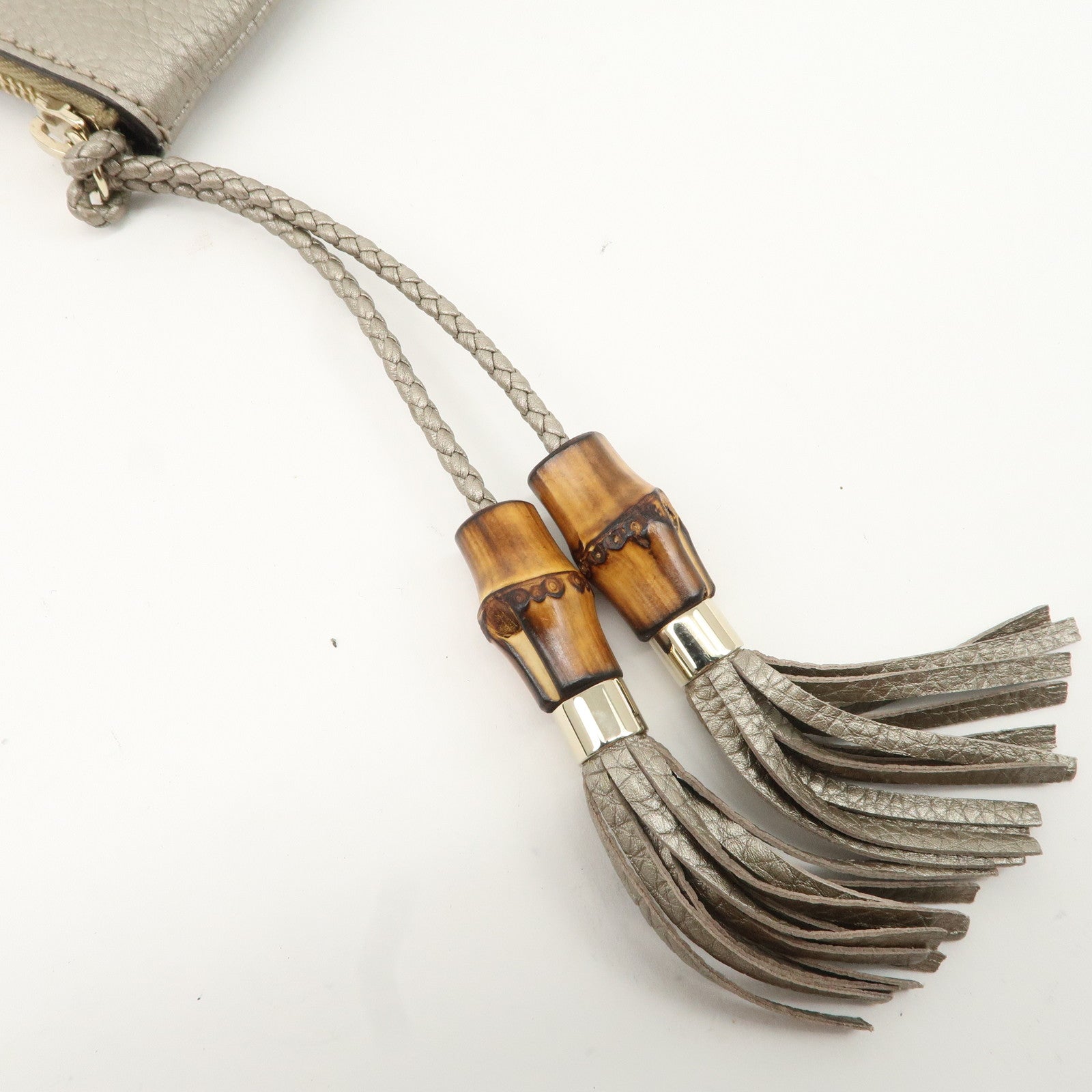 GUCCI Bamboo Leather Tassel Pouch Champaigne Beige 376854 Used