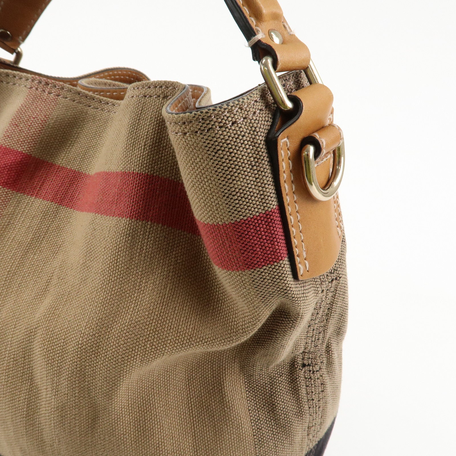 BURBERRY Canvas Leather Ashby Medium Plaid Bucket Bag Beige Brown Used