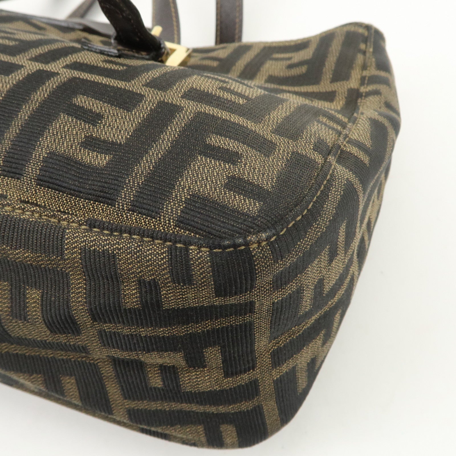 FENDI Zucca Canvas Leather Hand Bag Brown Black Gold Hardware Used