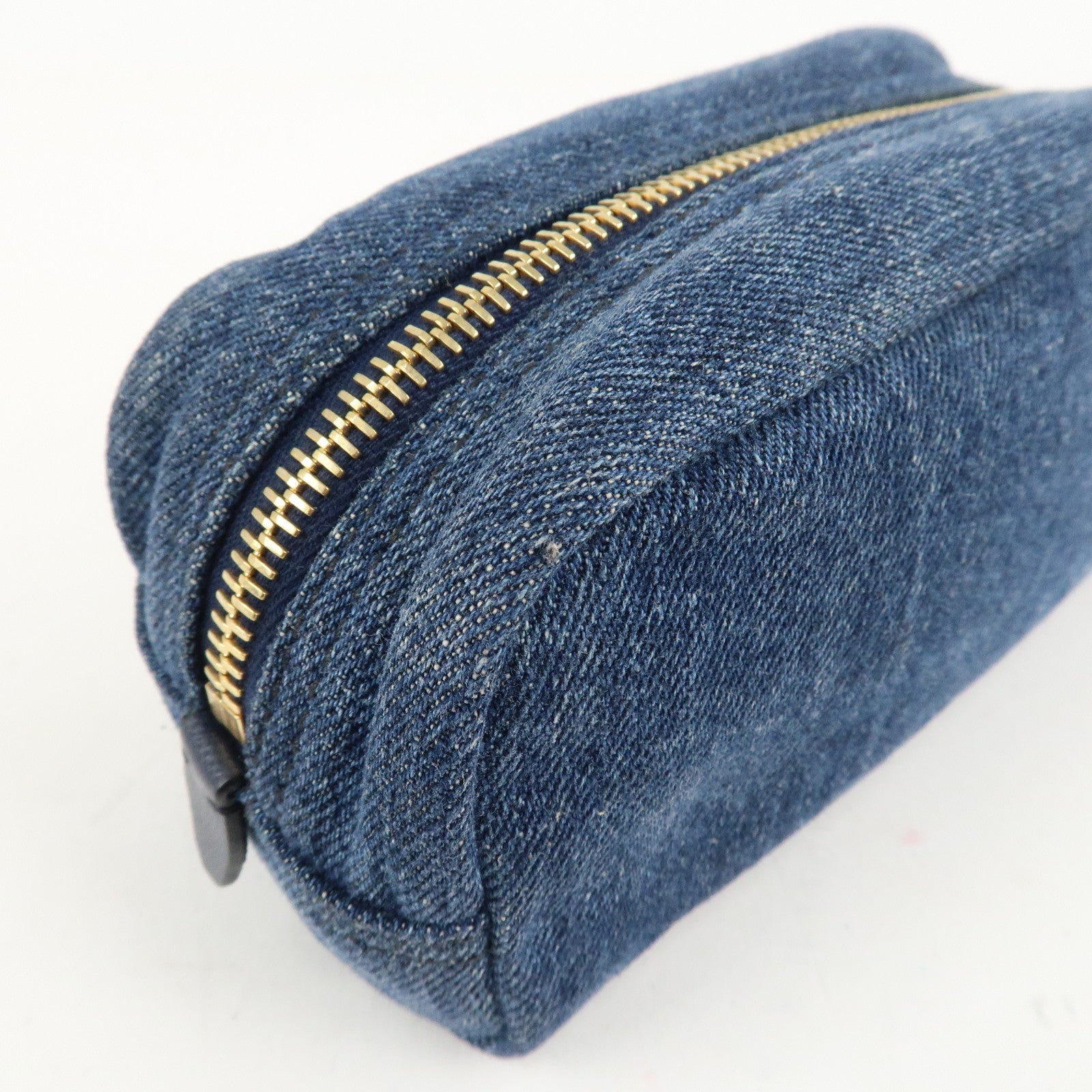 PRADA Triangle Logo Denim Pouch Cosmetic Pouch Blue Used